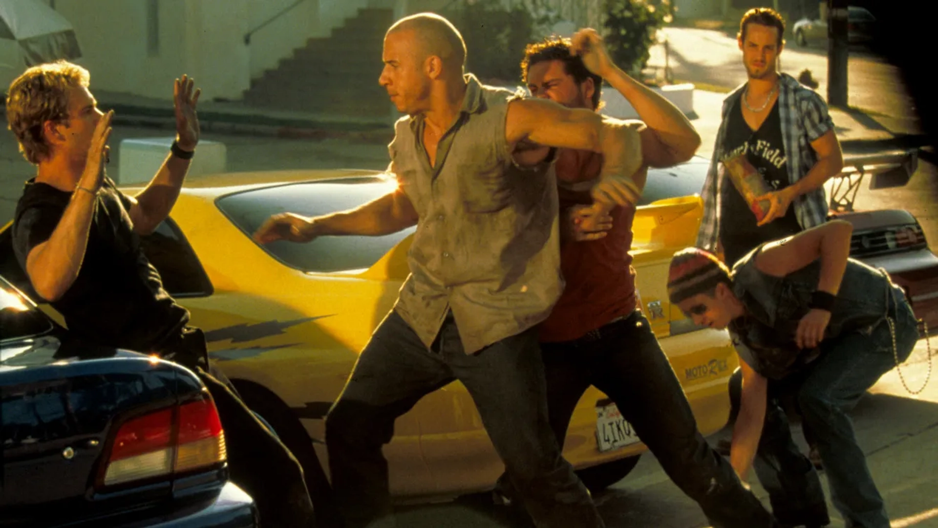 Vin Diesel, Chad Lindberg, Matt Schulze, Johnny Strong, and Paul Walker in The Fast and the Furious (2001)