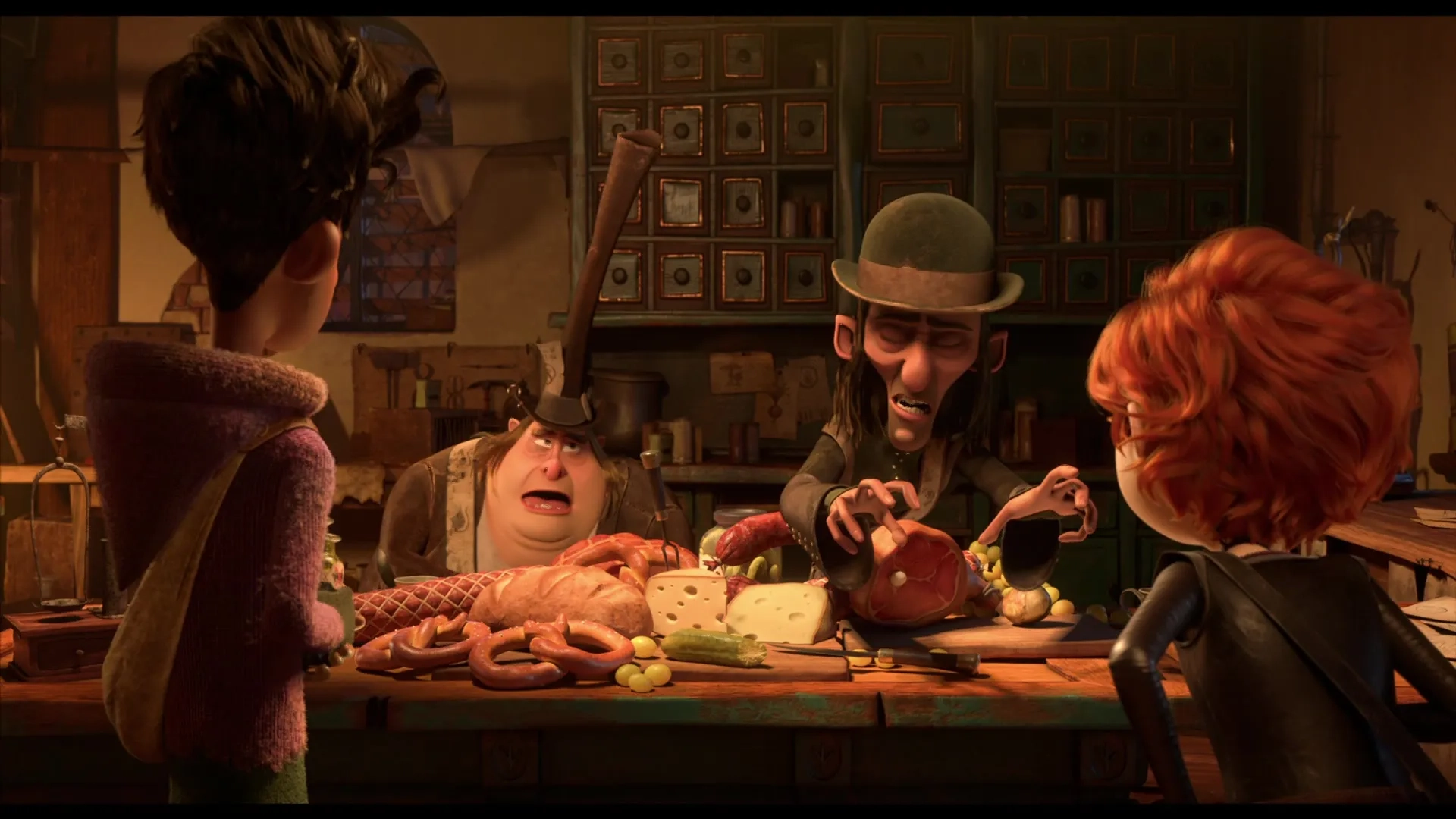Toby Genkel, Murali Perumal, Himesh Patel, Florian Westermann, Emilia Clarke, and Jerry Hoffmann in The Amazing Maurice (2022)
