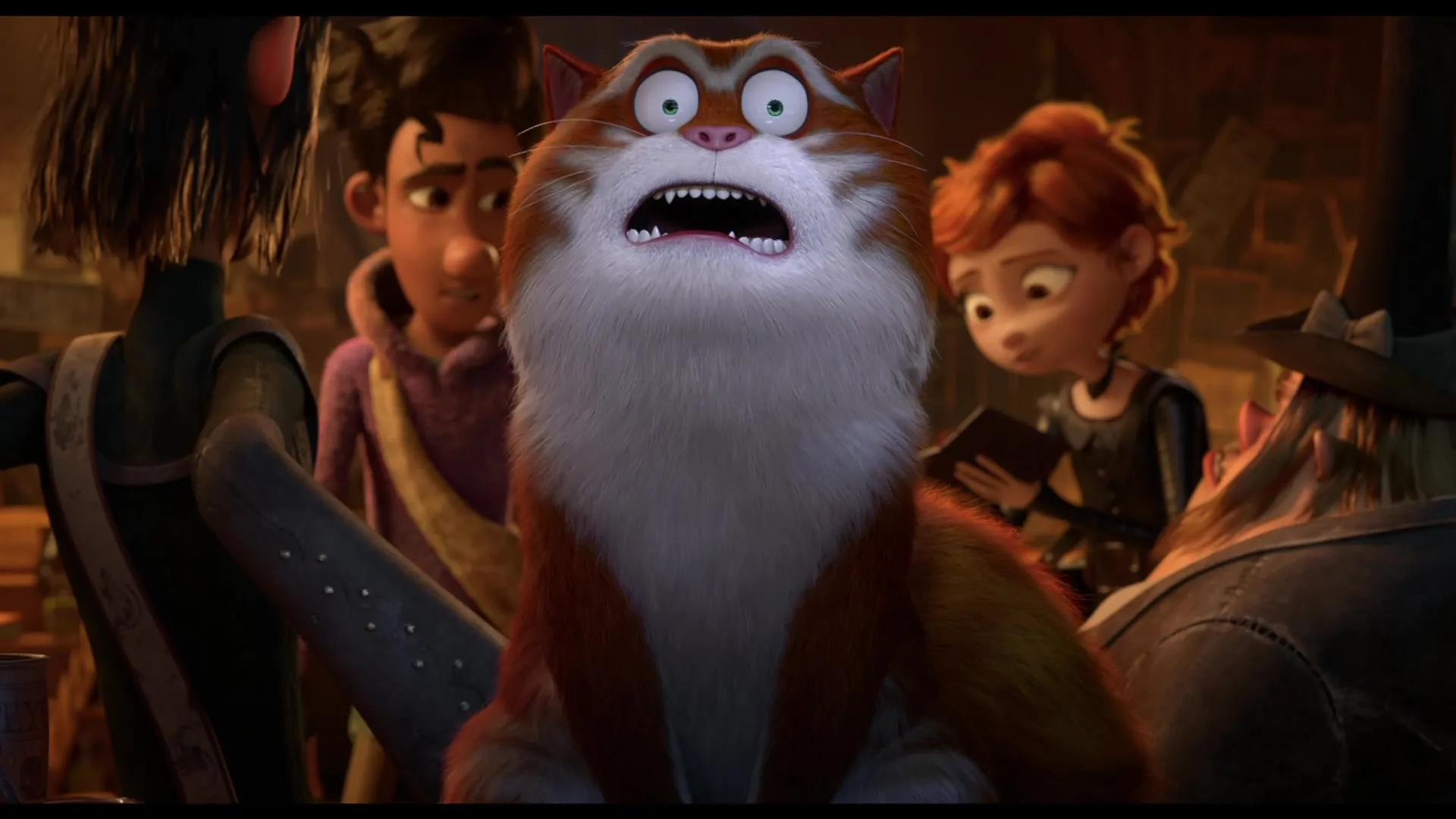 Toby Genkel, Hugh Laurie, Himesh Patel, Florian Westermann, and Emilia Clarke in The Amazing Maurice (2022)