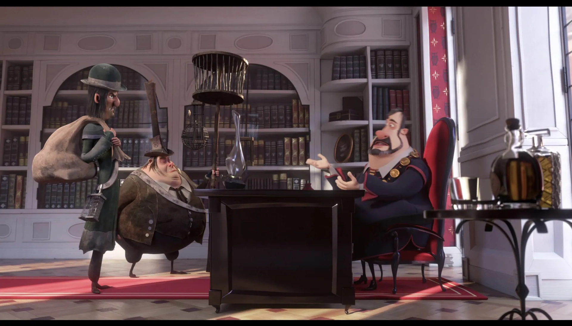 Hugh Bonneville, Toby Genkel, and Florian Westermann in The Amazing Maurice (2022)