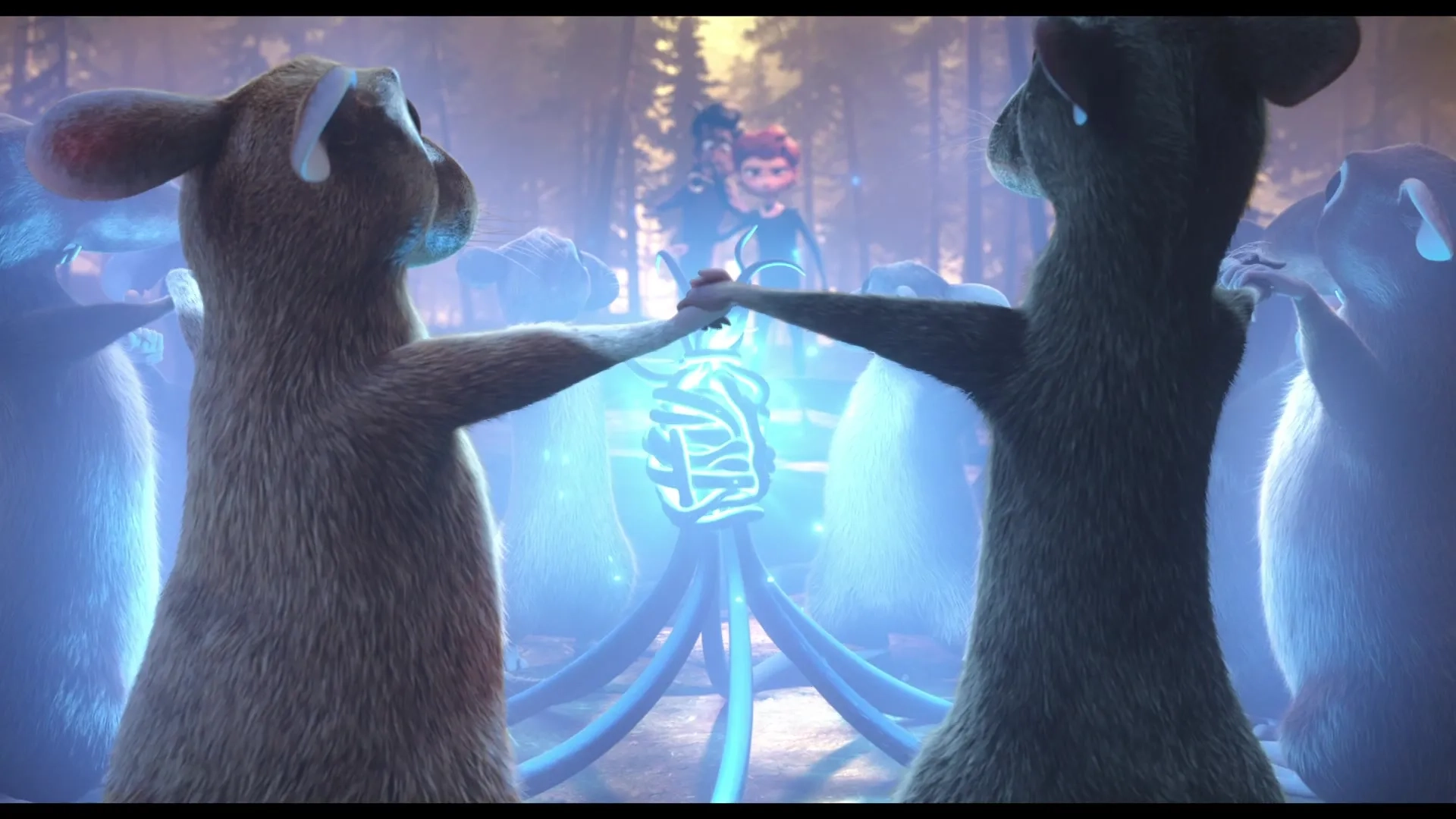 David Thewlis, Himesh Patel, and Emilia Clarke in The Amazing Maurice (2022)