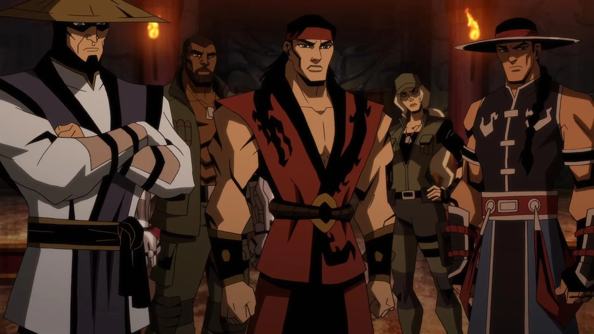 Matthew Yang King, Jordan Rodrigues, Jennifer Carpenter, Dave B. Mitchell, and Ike Amadi in Mortal Kombat Legends: Battle of the Realms (2021)