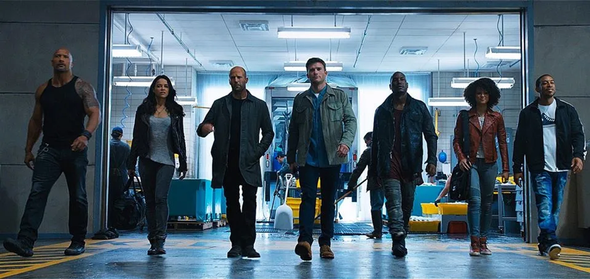 Jason Statham, Dwayne Johnson, Ludacris, Michelle Rodriguez, Tyrese Gibson, Scott Eastwood, and Nathalie Emmanuel in The Fate of the Furious (2017)