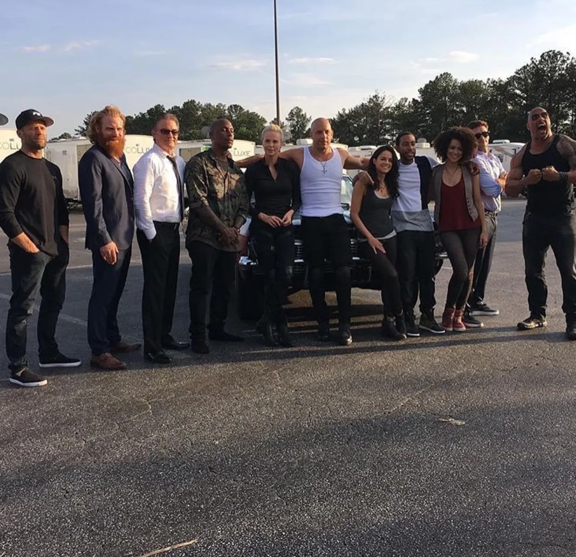 Charlize Theron, Kurt Russell, Vin Diesel, Jason Statham, Dwayne Johnson, Ludacris, Michelle Rodriguez, Tyrese Gibson, Kristofer Hivju, Scott Eastwood, and Nathalie Emmanuel in The Fate of the Furious (2017)