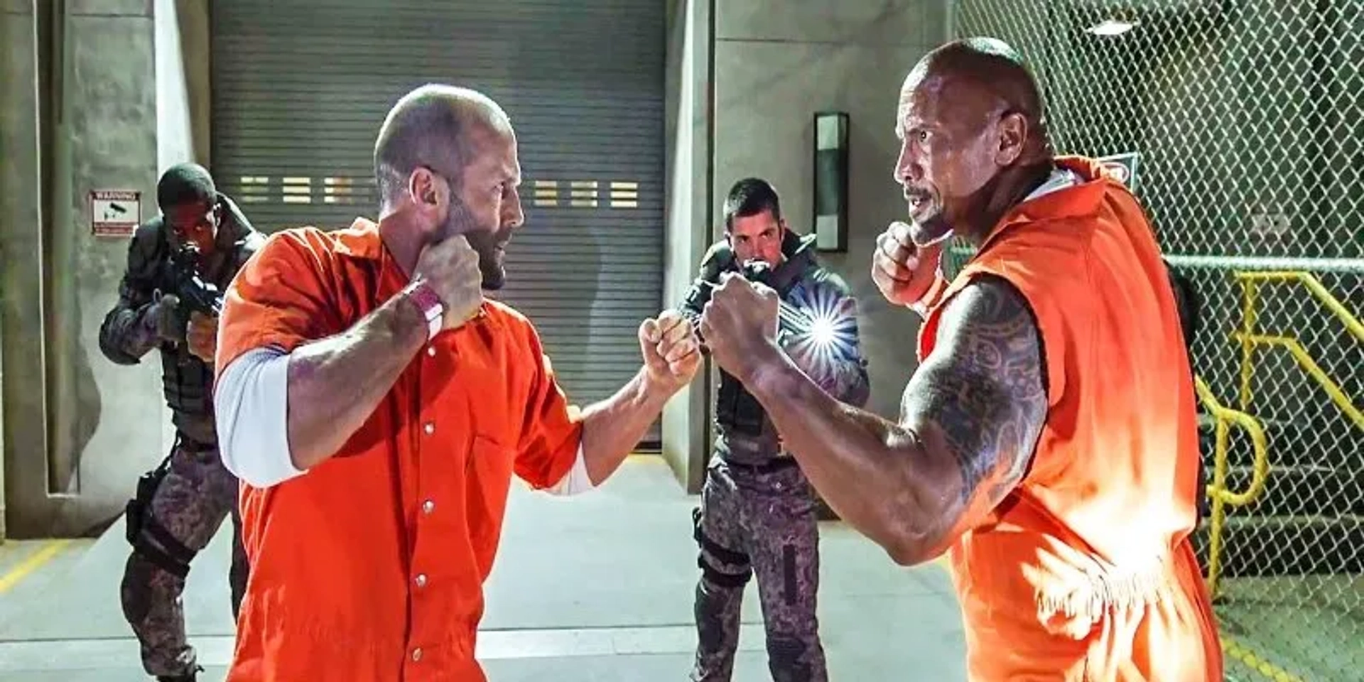 Jason Statham and Dwayne Johnson in The Fate of the Furious (2017)