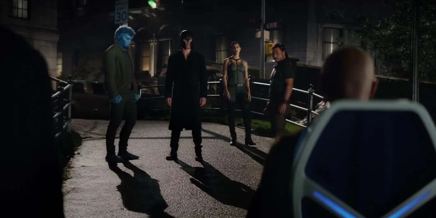 Nicholas Hoult, James McAvoy, Michael Fassbender, Andrew Stehlin, and Kota Eberhardt in Dark Phoenix (2019)