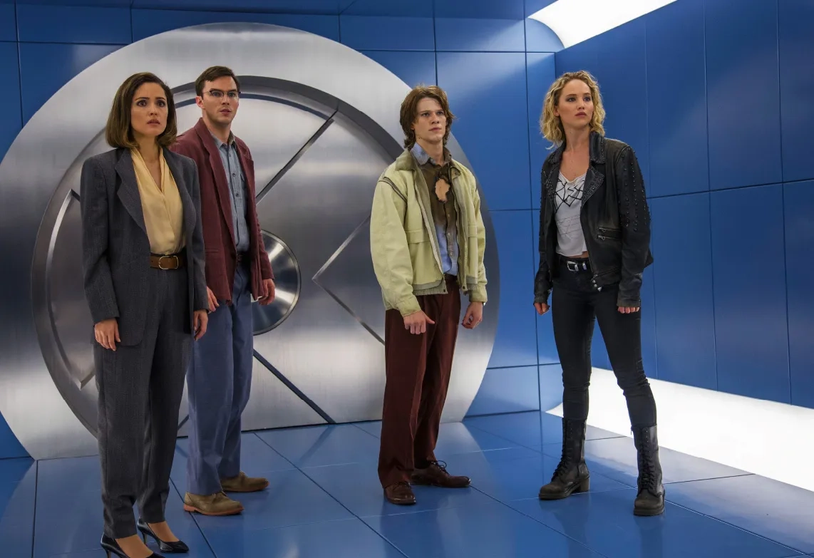 Rose Byrne, Nicholas Hoult, Lucas Till, and Jennifer Lawrence in X-Men: Apocalypse (2016)