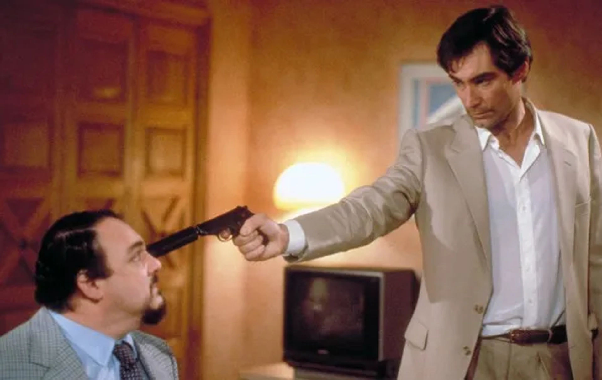 Timothy Dalton and John Rhys-Davies in The Living Daylights (1987)