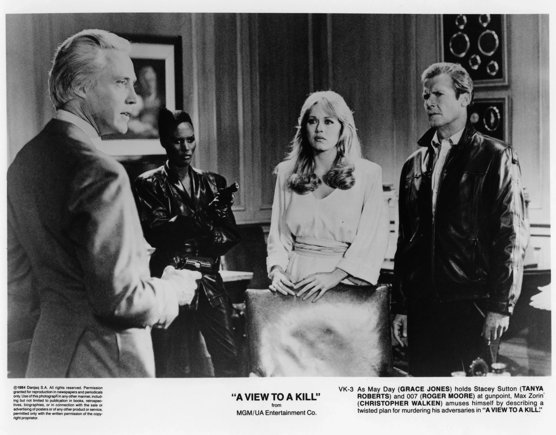 Roger Moore, Tanya Roberts, Christopher Walken, and Grace Jones in A View to a Kill (1985)