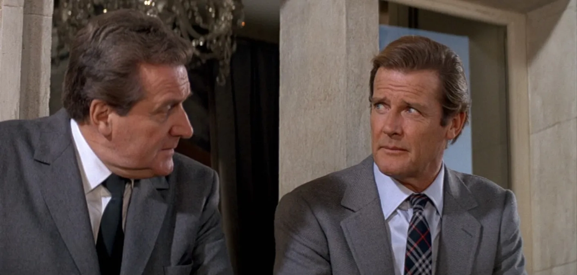 Roger Moore and Patrick Macnee in A View to a Kill (1985)