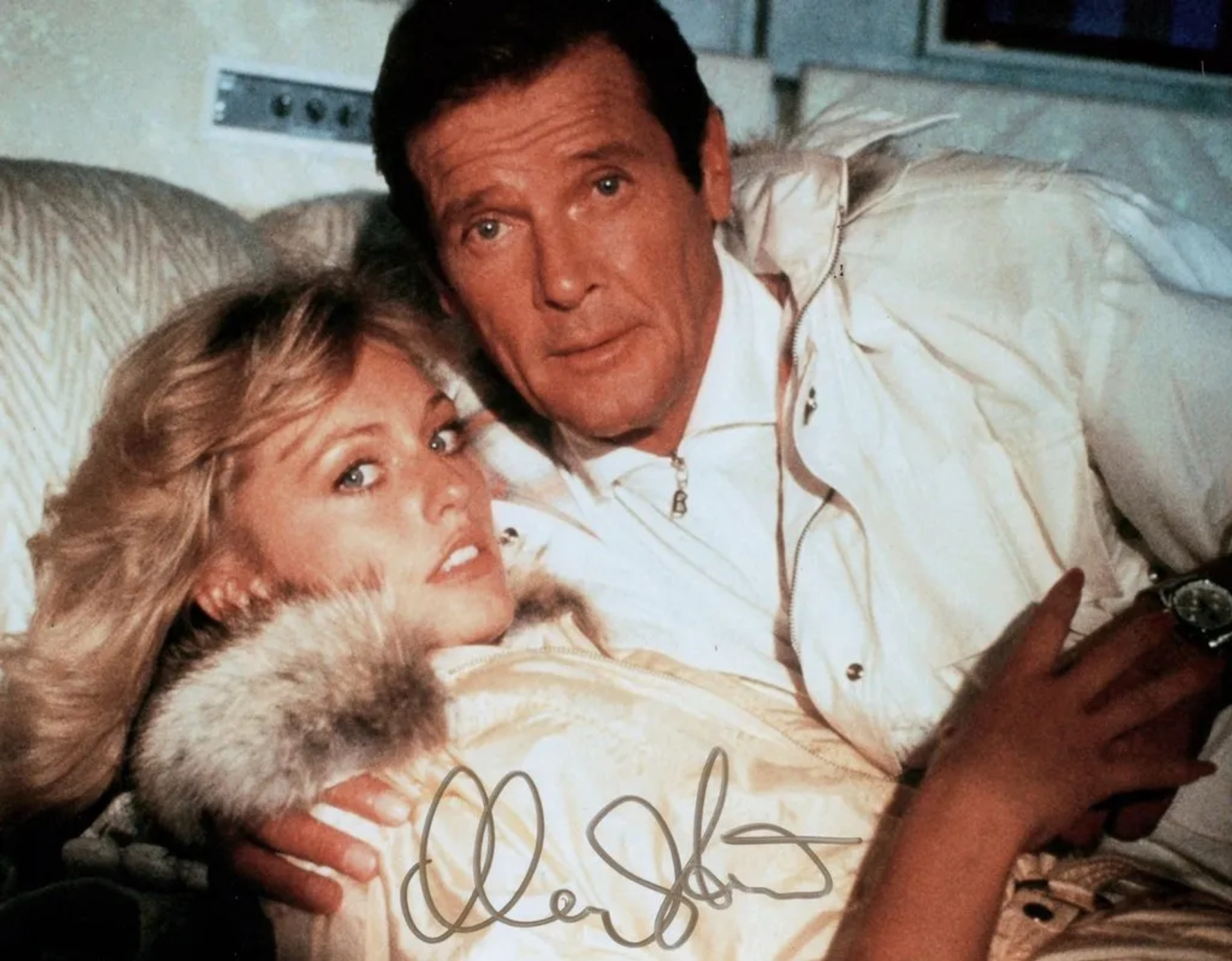 Roger Moore and Mary Stavin in A View to a Kill (1985)