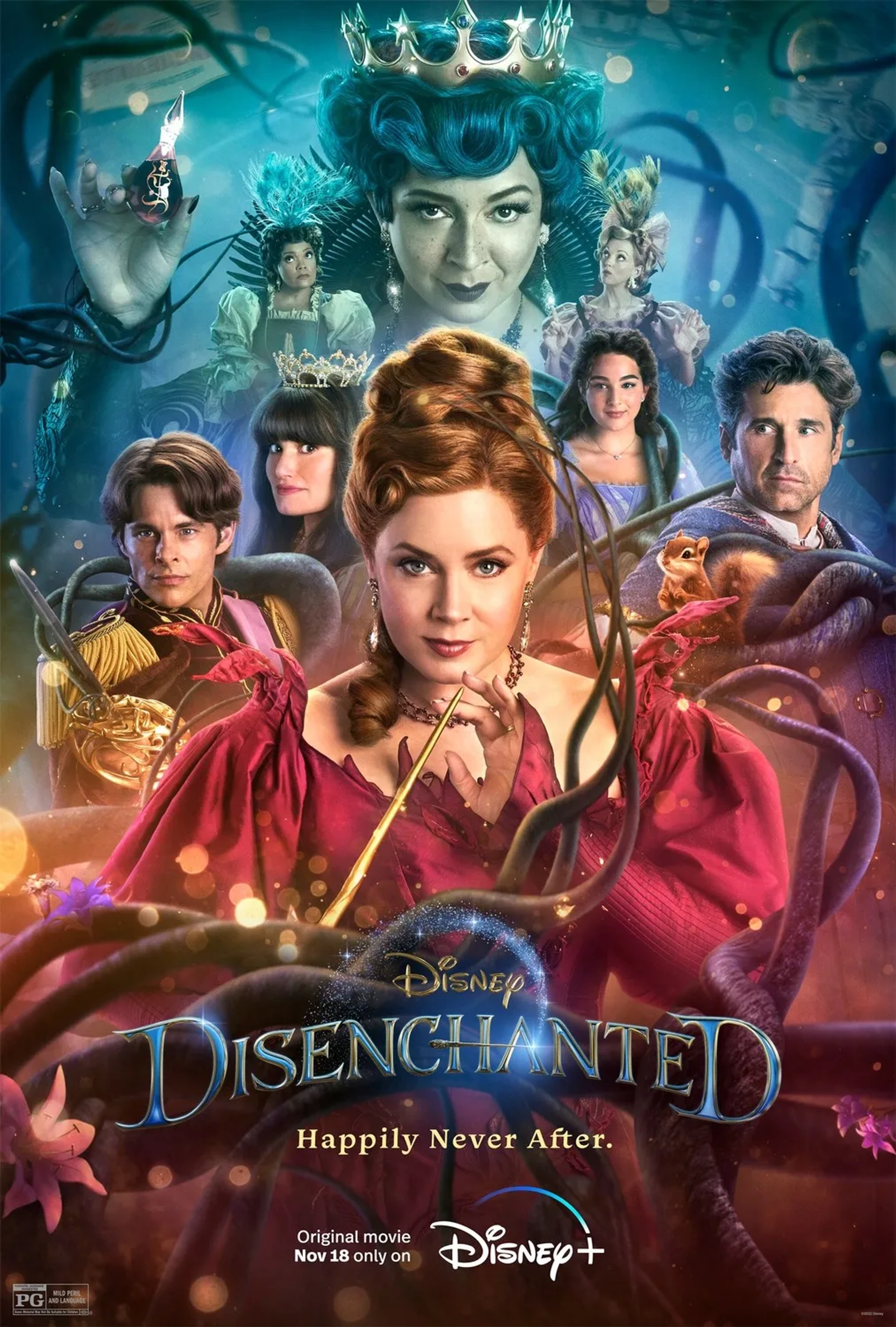 Patrick Dempsey, James Marsden, Amy Adams, Idina Menzel, Maya Rudolph, Yvette Nicole Brown, Jayma Mays, Griffin Newman, and Gabriella Baldacchino in Disenchanted (2022)