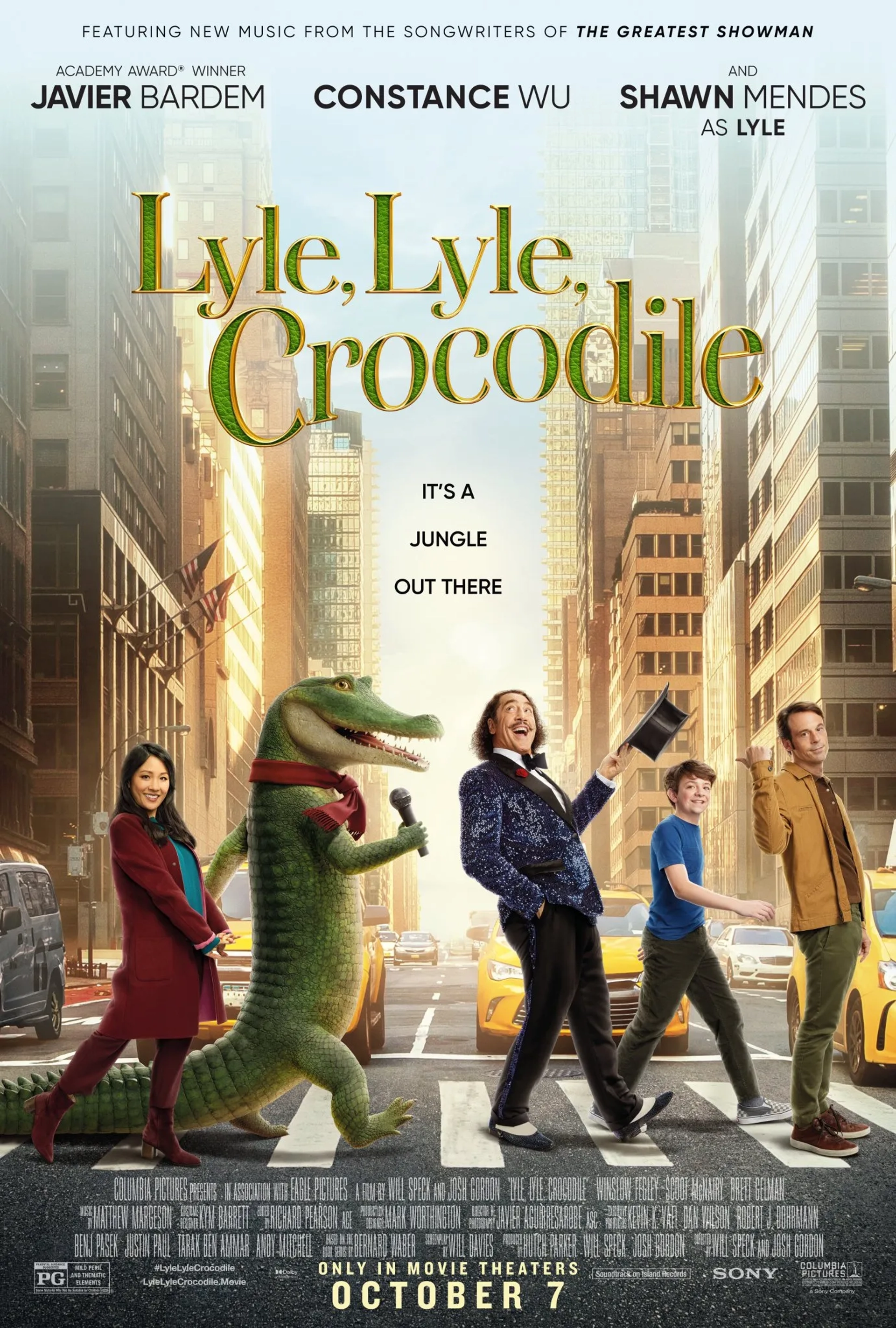 Javier Bardem, Scoot McNairy, Constance Wu, Shawn Mendes, and Winslow Fegley in Lyle, Lyle, Crocodile (2022)