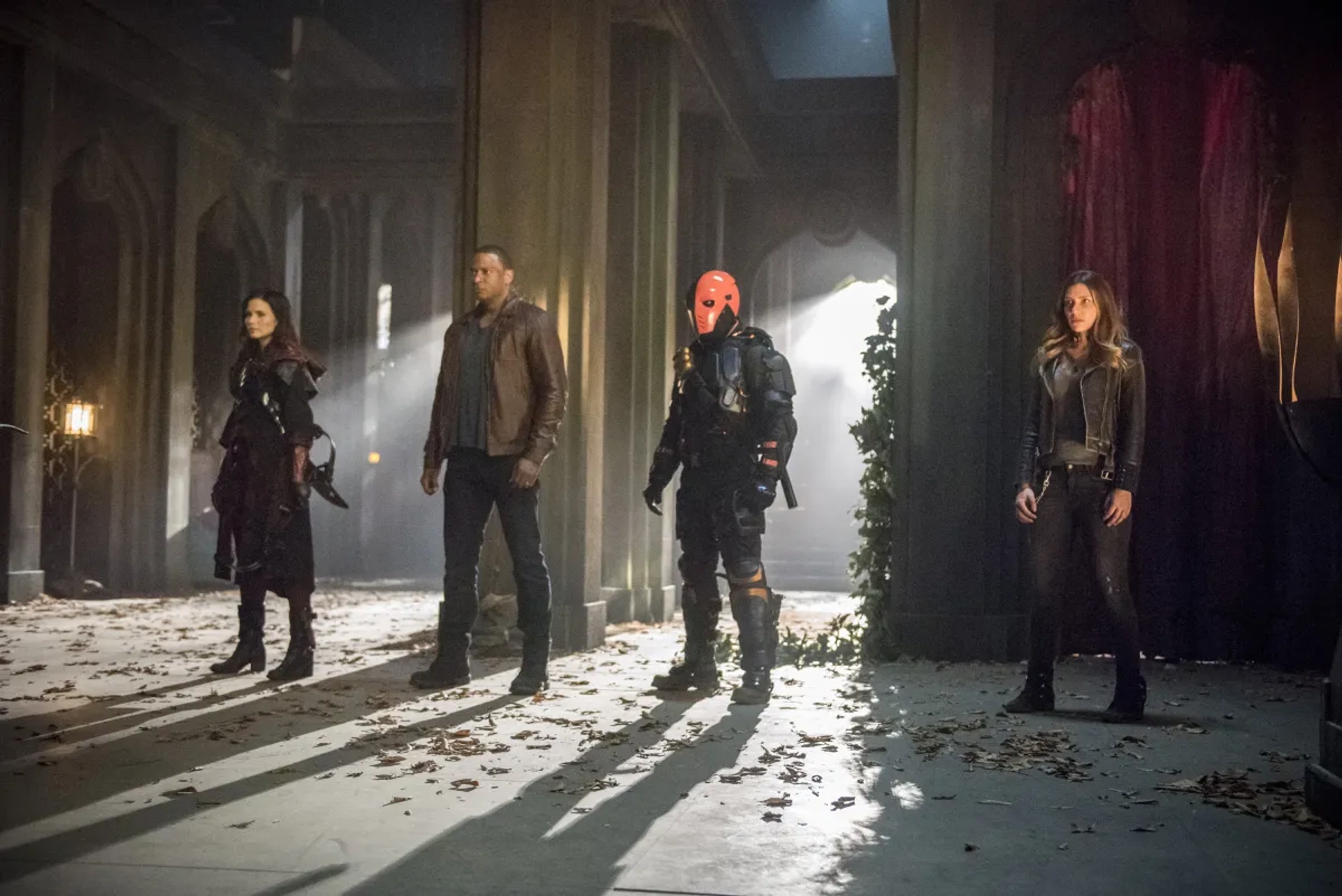 Manu Bennett, Katrina Law, David Ramsey, and Juliana Harkavy in Arrow (2012)