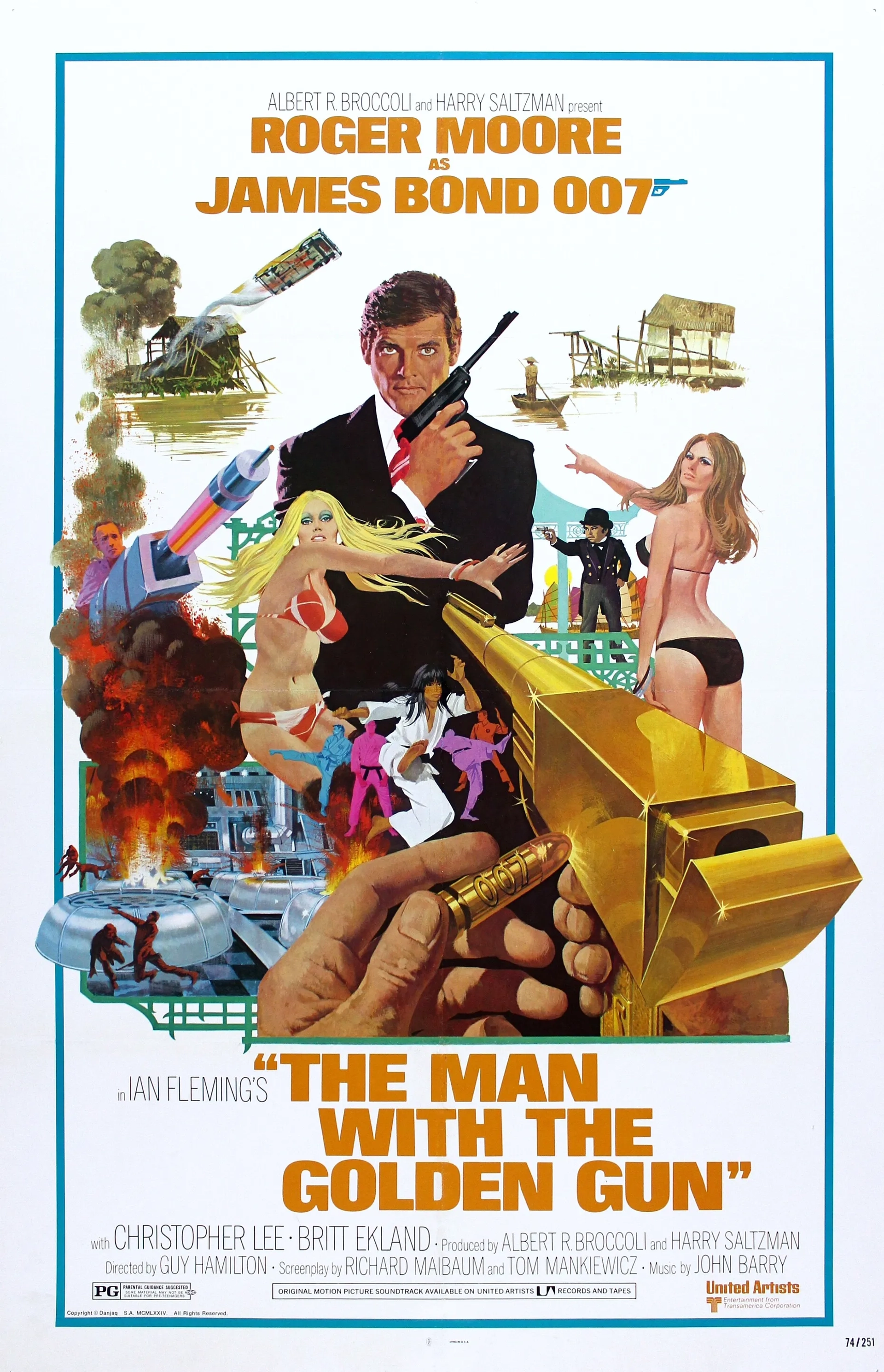 Christopher Lee, Roger Moore, Maud Adams, Britt Ekland, and Hervé Villechaize in The Man with the Golden Gun (1974)