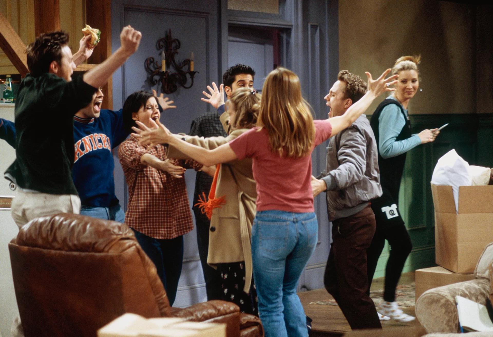 Jennifer Aniston, Giovanni Ribisi, Courteney Cox, Lisa Kudrow, Matt LeBlanc, Matthew Perry, David Schwimmer, and Debra Jo Rupp in Friends (1994)