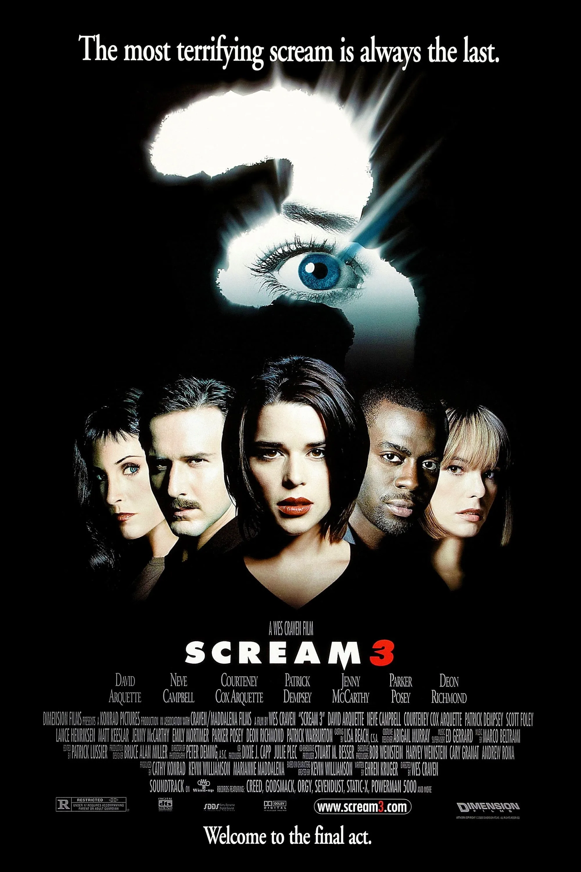 Neve Campbell, Parker Posey, David Arquette, Courteney Cox, and Deon Richmond in Scream 3 (2000)