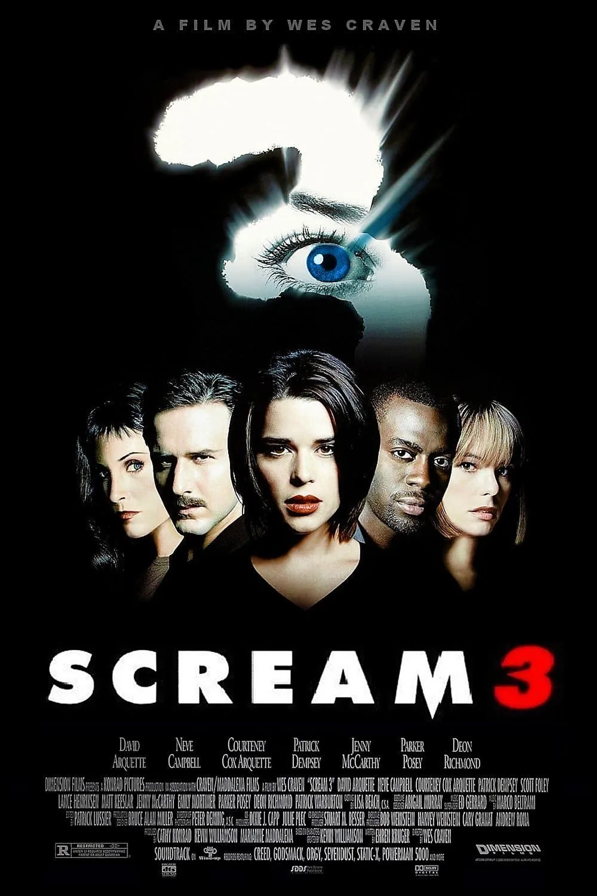 Neve Campbell, Parker Posey, David Arquette, Courteney Cox, and Deon Richmond in Scream 3 (2000)