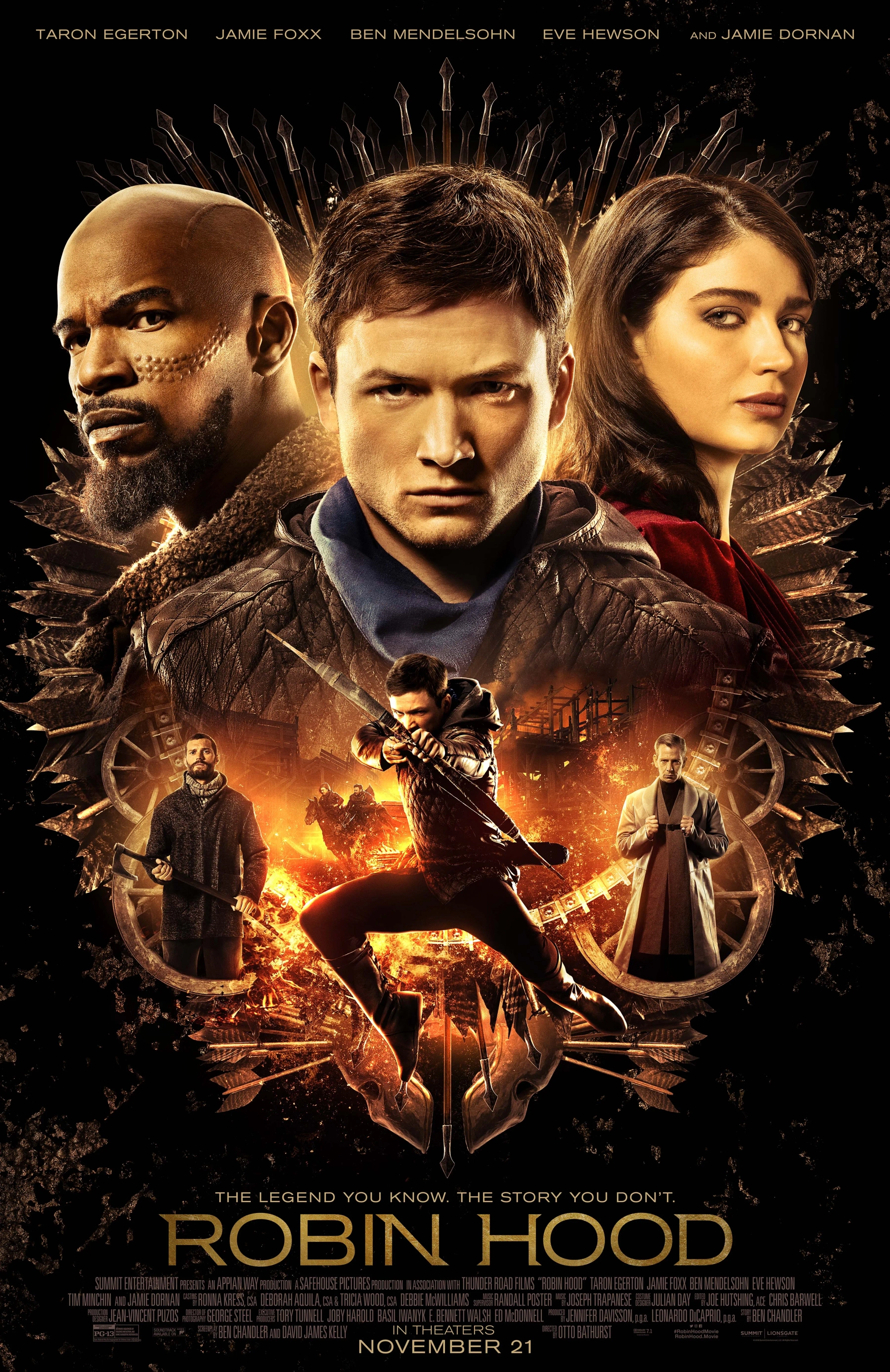 Jamie Foxx, Ben Mendelsohn, Jamie Dornan, Eve Hewson, and Taron Egerton in Robin Hood (2018)