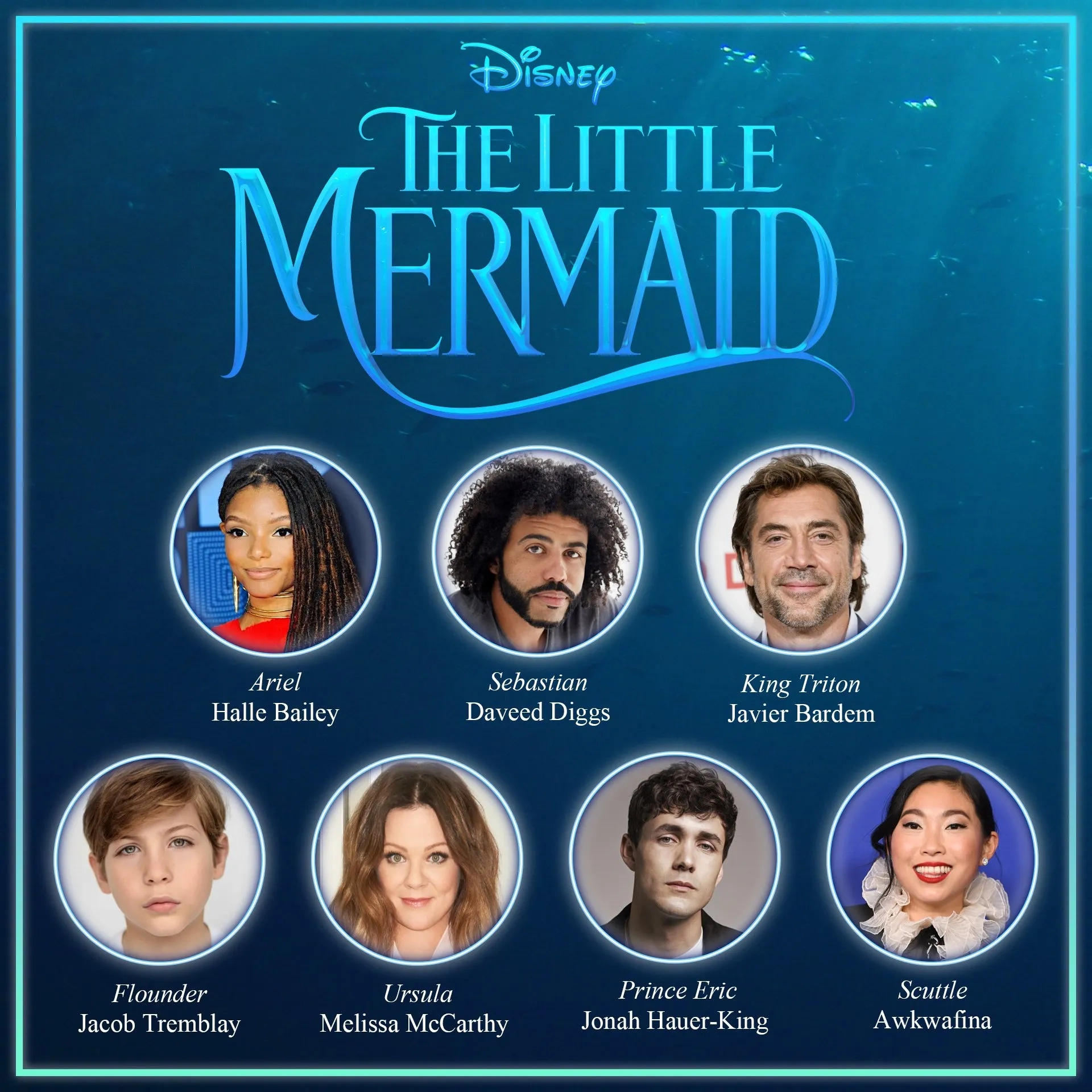 Javier Bardem, Melissa McCarthy, Halle Bailey, Daveed Diggs, Jacob Tremblay, Awkwafina, and Jonah Hauer-King in The Little Mermaid (2023)