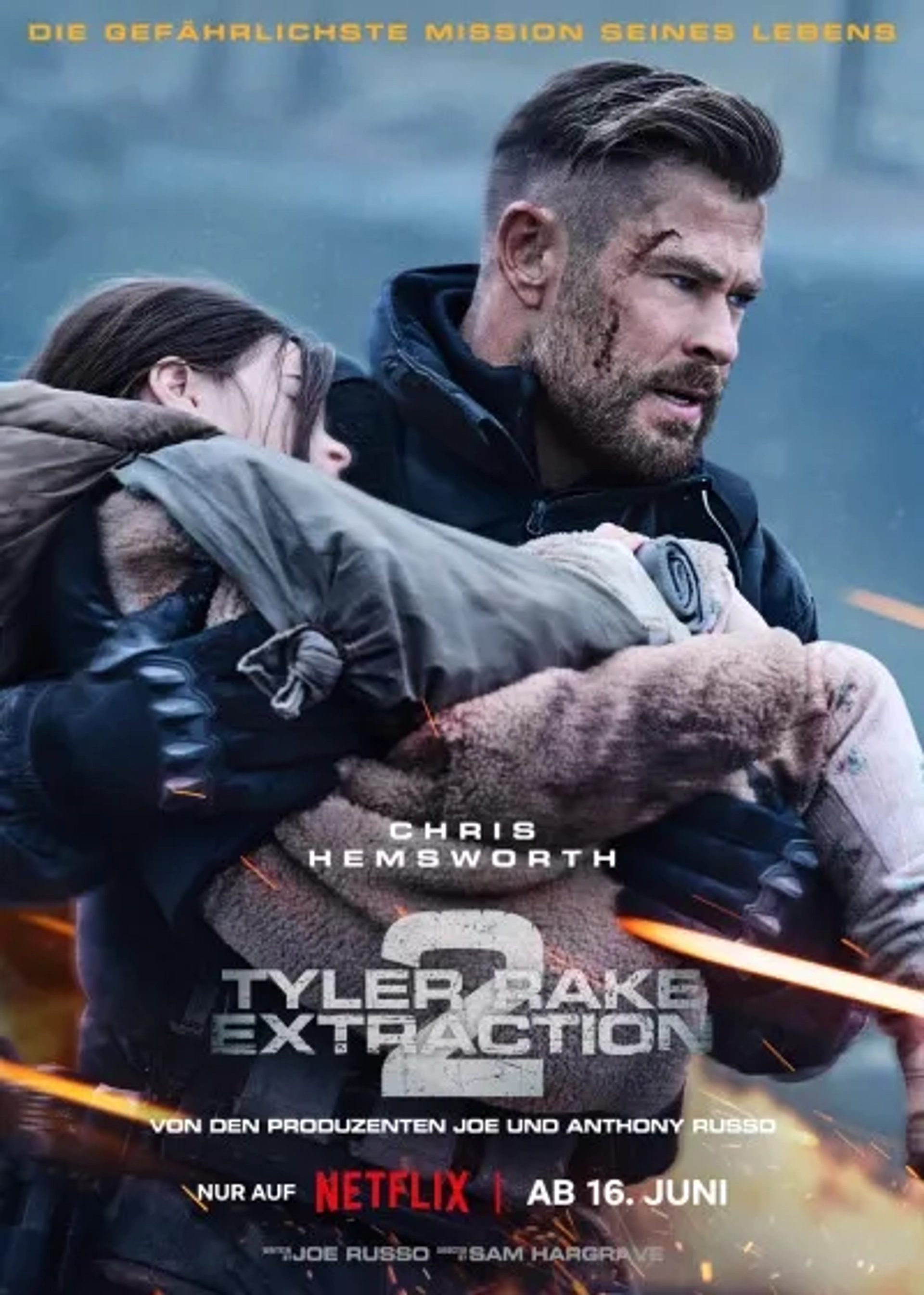 Chris Hemsworth, Mariami Kovziashvili, and Marta Kovziashvili in Extraction II (2023)