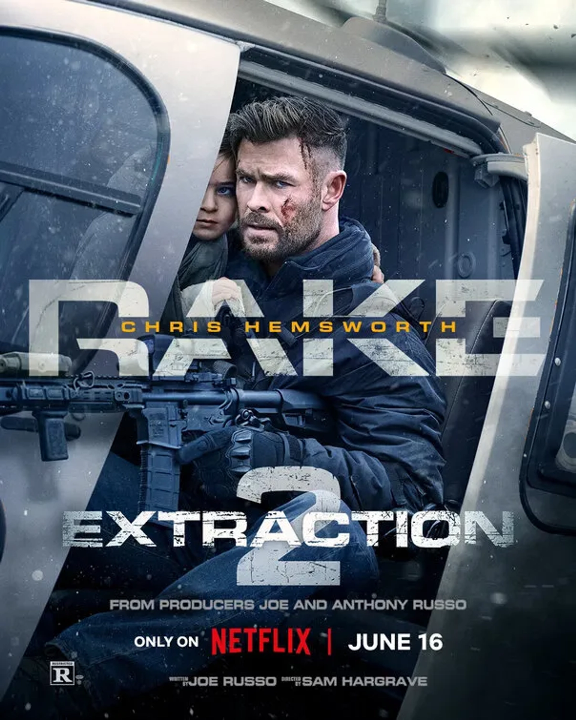 Chris Hemsworth, Mariami Kovziashvili, and Marta Kovziashvili in Extraction II (2023)