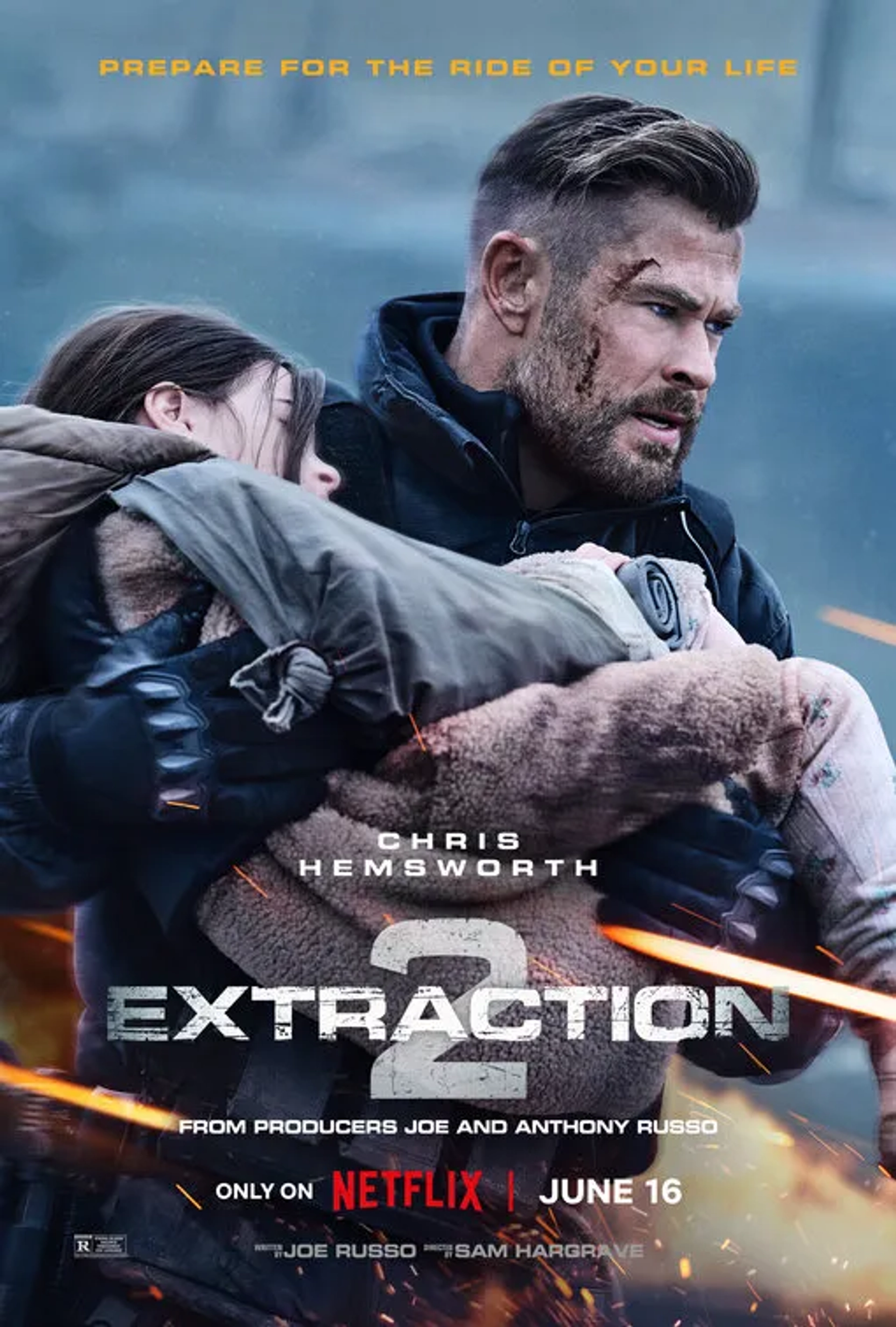 Chris Hemsworth, Mariami Kovziashvili, and Marta Kovziashvili in Extraction II (2023)