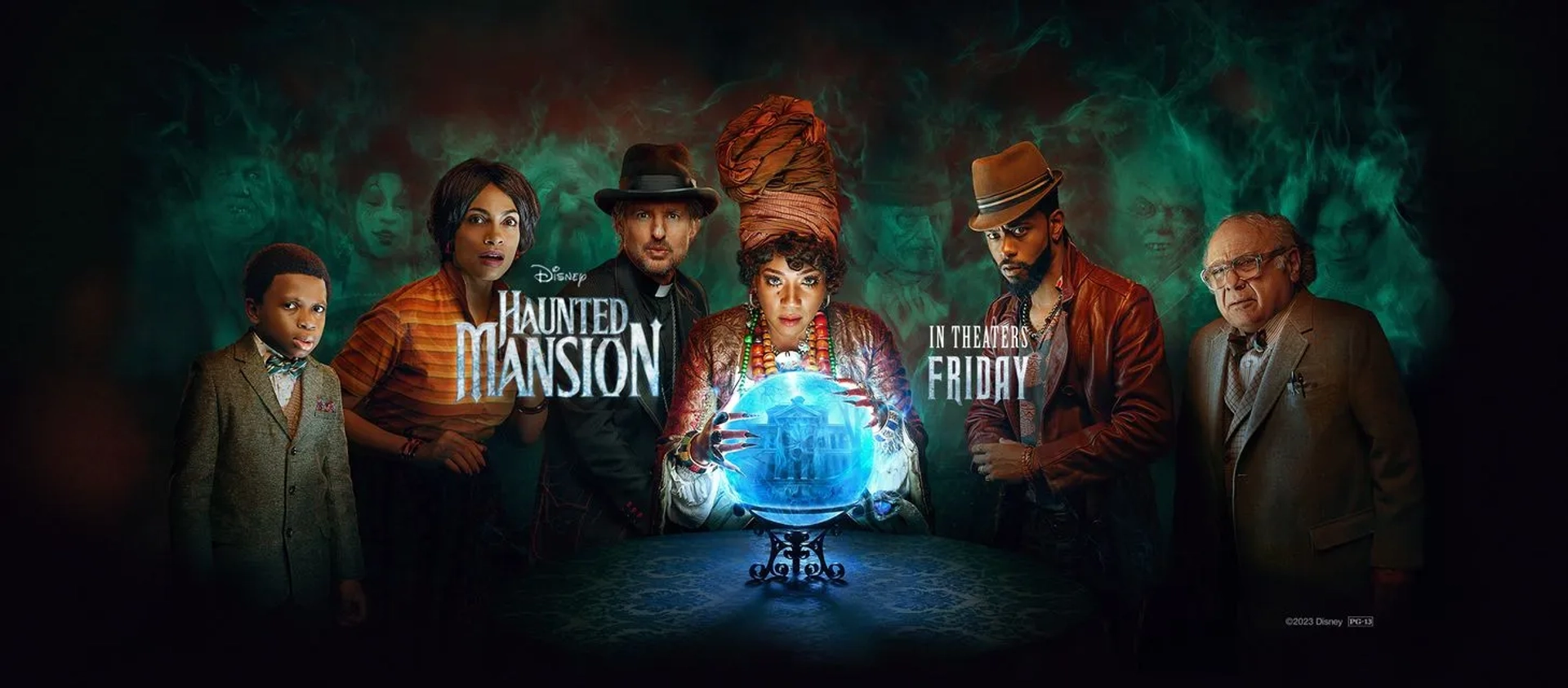 Danny DeVito, Owen Wilson, Mike Benitez, Rosario Dawson, Terence Rosemore, Chase Dillon, Tiffany Haddish, LaKeith Stanfield, Fedor Steer, Lindsay Lamb, Ben Bladon, and Arielle Prepetit in Haunted Mansion (2023)