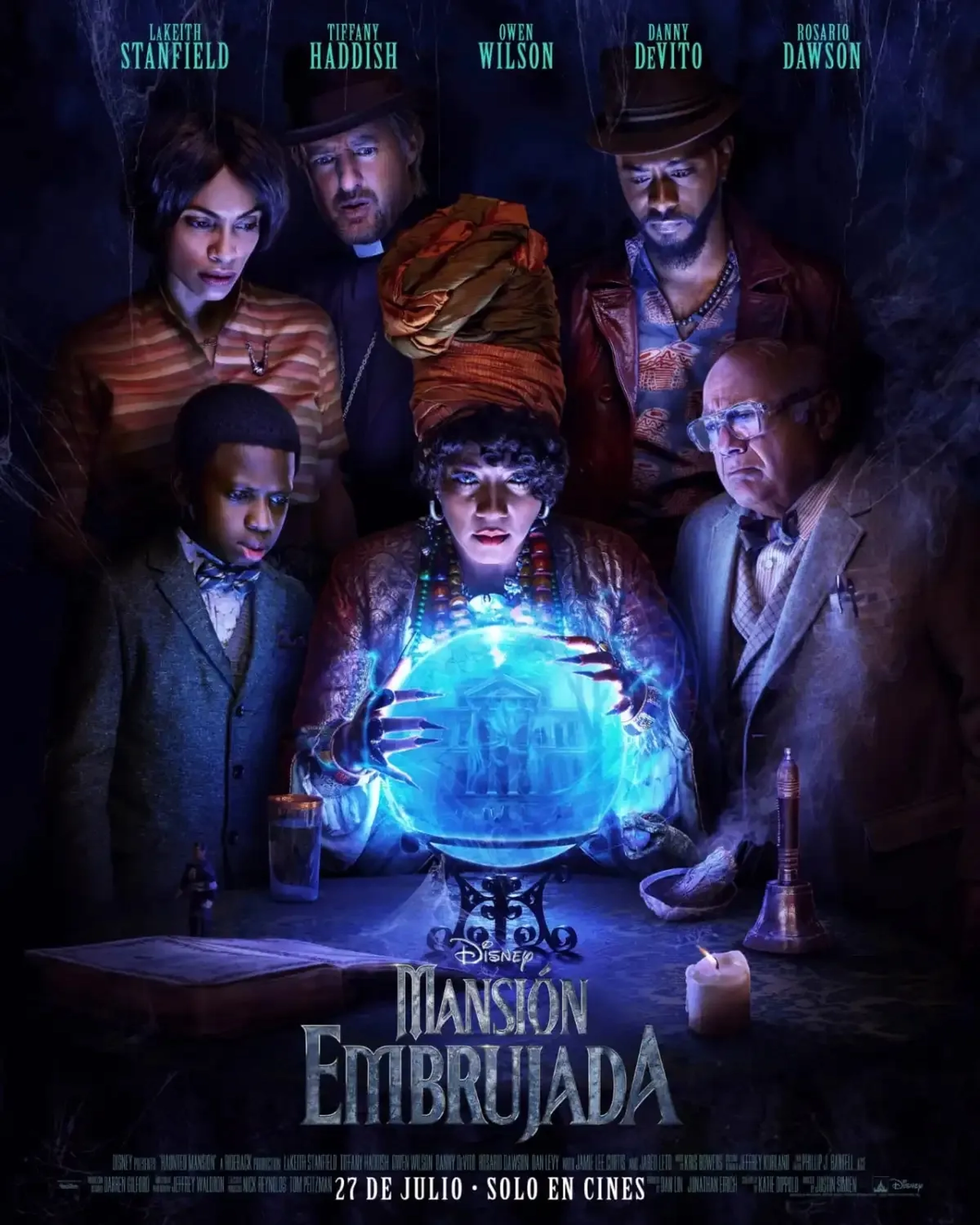 Danny DeVito, Owen Wilson, Mike Benitez, Rosario Dawson, Chase Dillon, Tiffany Haddish, and LaKeith Stanfield in Haunted Mansion (2023)