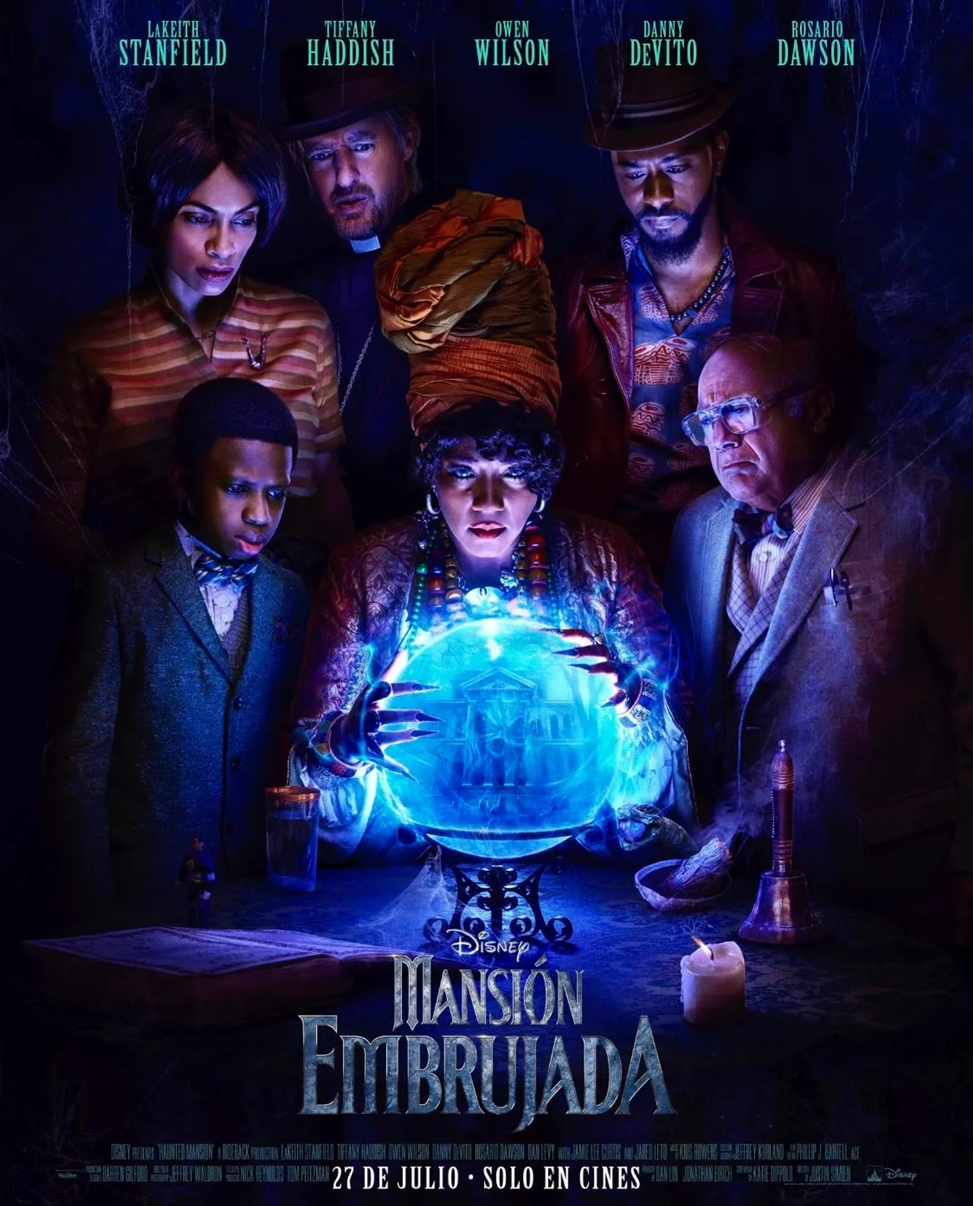 Danny DeVito, Owen Wilson, Mike Benitez, Rosario Dawson, Chase Dillon, Tiffany Haddish, and LaKeith Stanfield in Haunted Mansion (2023)