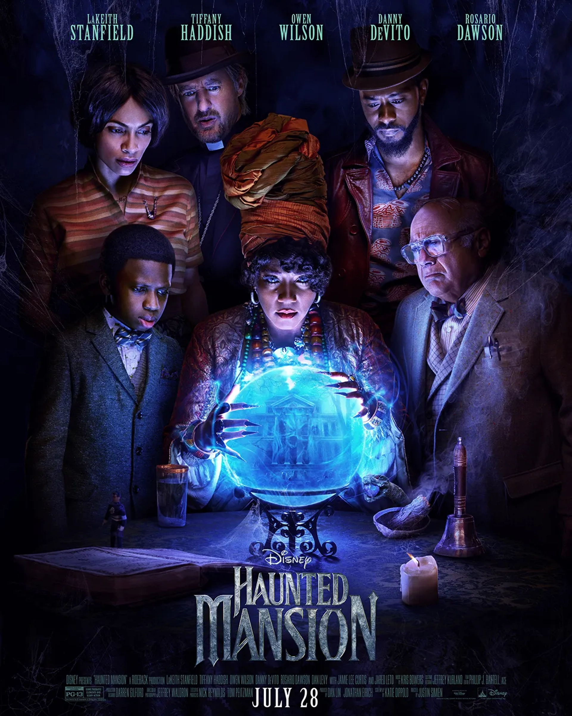 Danny DeVito, Owen Wilson, Mike Benitez, Rosario Dawson, Chase Dillon, Tiffany Haddish, and LaKeith Stanfield in Haunted Mansion (2023)