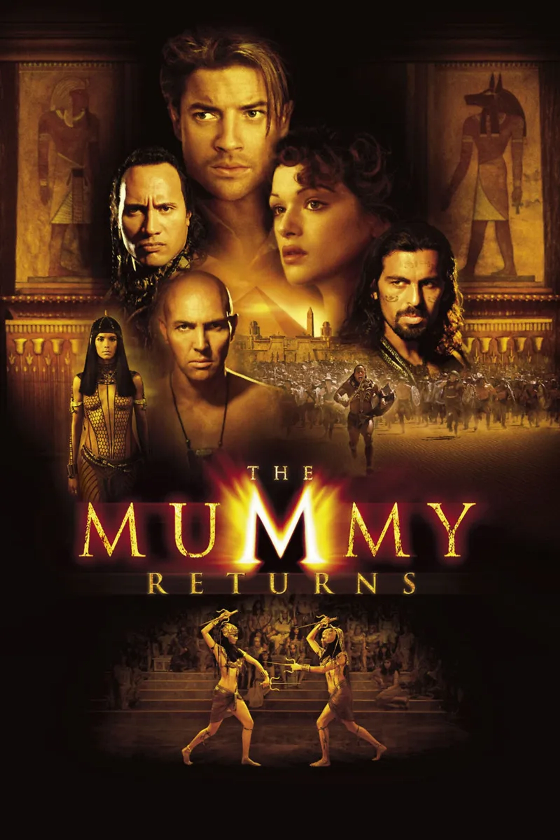 Brendan Fraser, John Hannah, Rachel Weisz, Oded Fehr, Dwayne Johnson, Patricia Velasquez, and Arnold Vosloo in The Mummy Returns (2001)