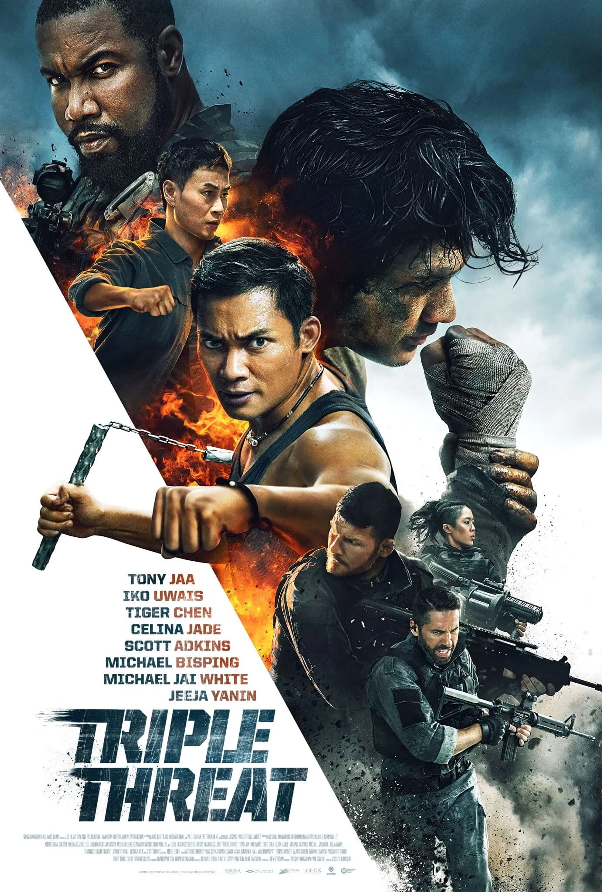 Scott Adkins, Tiger Hu Chen, Jesse V. Johnson, Michael Jai White, Tony Jaa, Michael Bisping, JeeJa Yanin, and Iko Uwais in Triple Threat (2019)