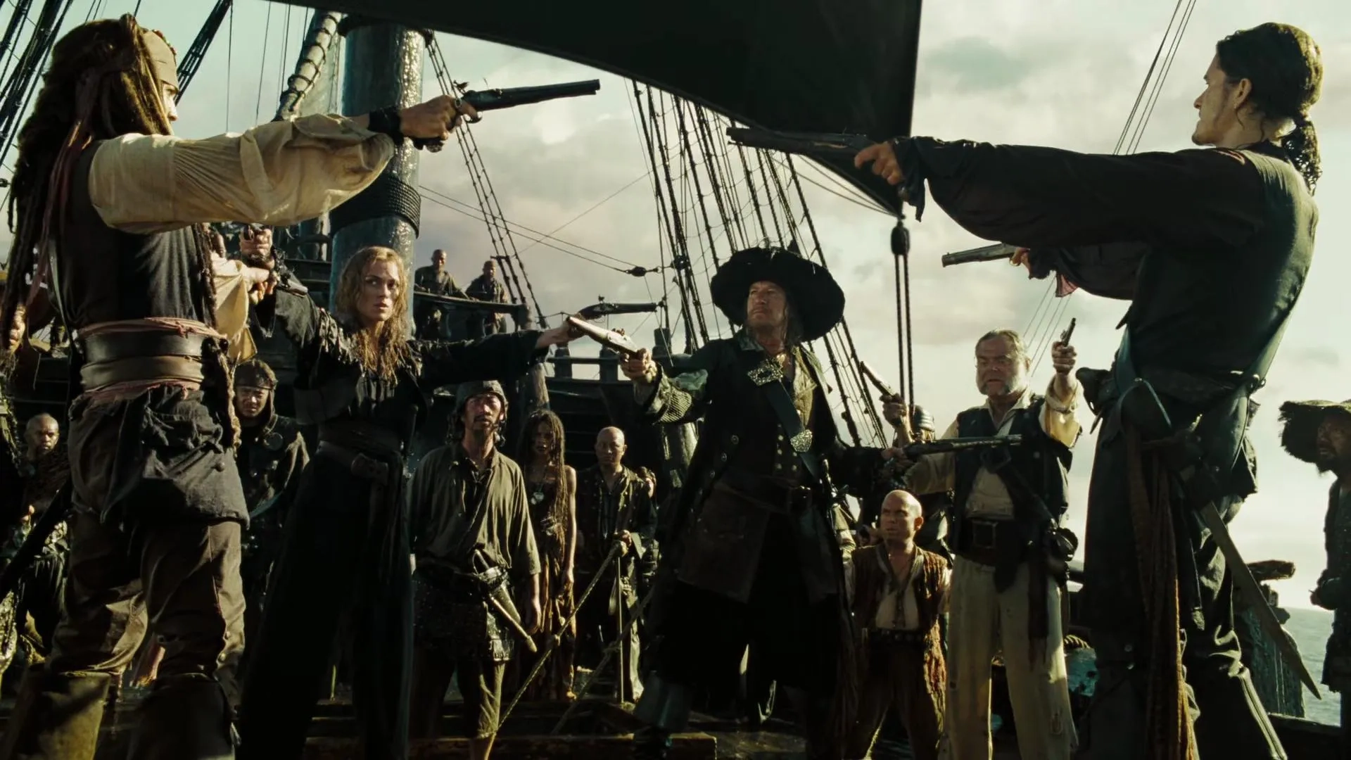 Johnny Depp, Geoffrey Rush, Orlando Bloom, and Keira Knightley in Pirates of the Caribbean: At World's End (2007)