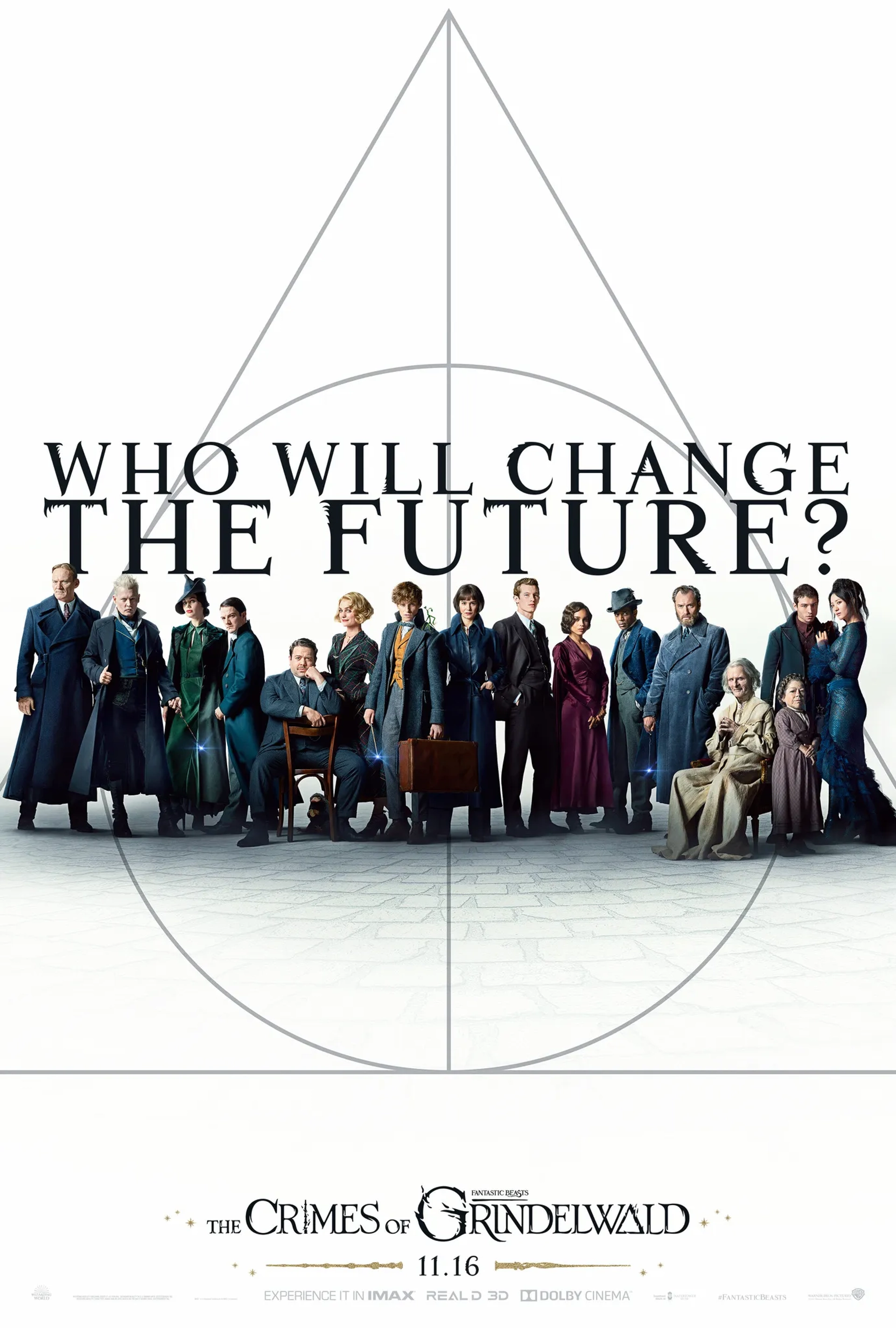 Johnny Depp, Jude Law, Carmen Ejogo, Dan Fogler, Danielle Hugues, Brontis Jodorowsky, William Nadylam, Ingvar Sigurdsson, Alison Sudol, Ólafur Darri Ólafsson, Eddie Redmayne, David Sakurai, Katherine Waterston, Claudia Kim, Kevin Guthrie, Zoë Kravitz, Ezra Miller, Victoria Yeates, Callum Turner, and Poppy Corby-Tuech in Fantastic Beasts: The Crimes of Grindelwald (2018)