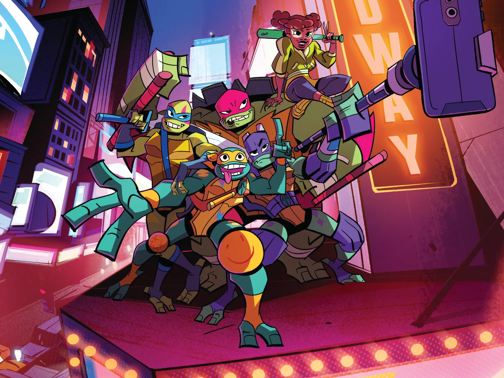 Kat Graham, Omar Benson Miller, Brandon Mychal Smith, Ben Schwartz, and Josh Brener in Rise of the Teenage Mutant Ninja Turtles (2018)