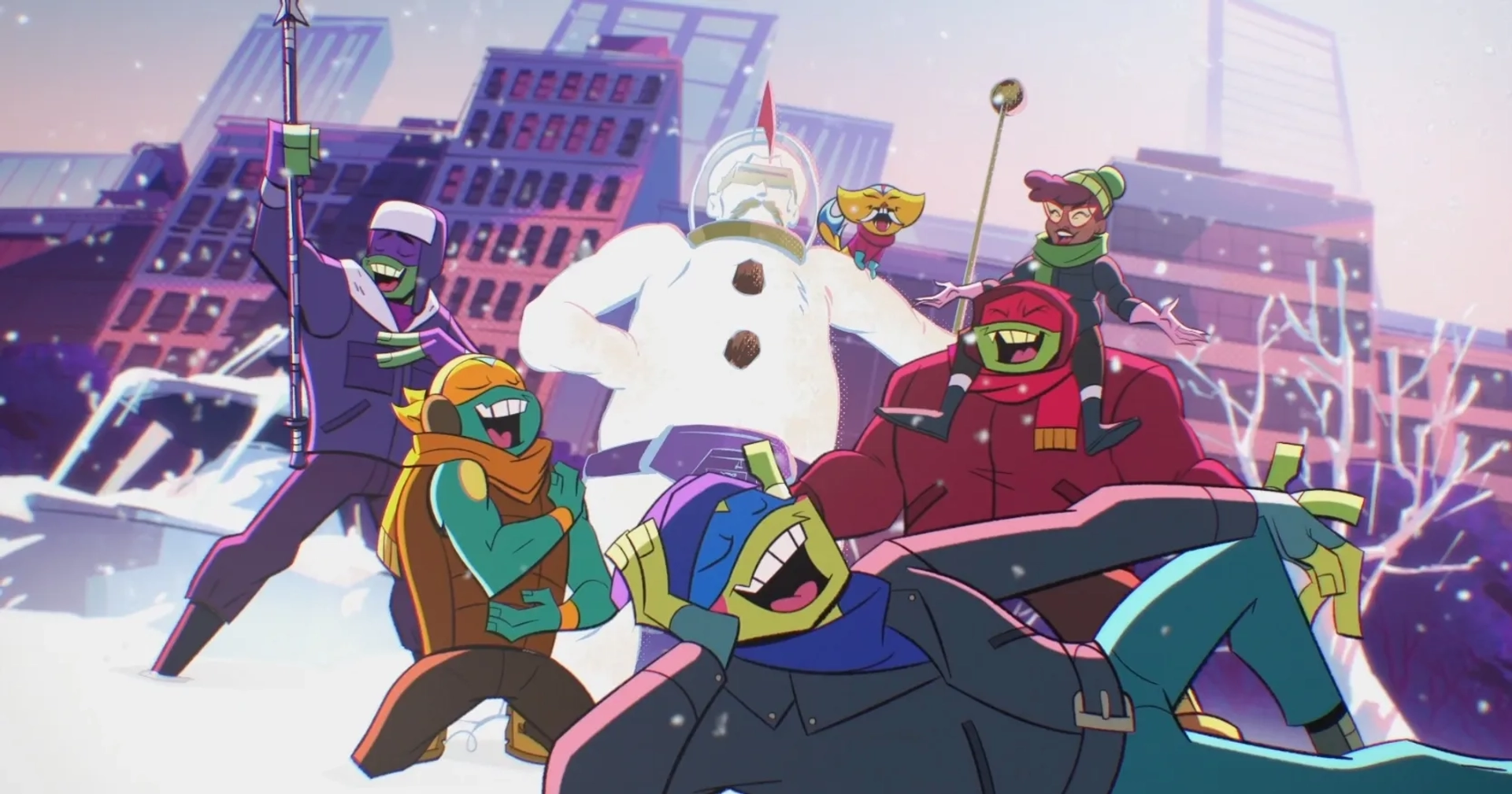 Kat Graham, Omar Benson Miller, Brandon Mychal Smith, Ben Schwartz, and Josh Brener in Rise of the Teenage Mutant Ninja Turtles: One Man's Junk/Snow Day (2019)