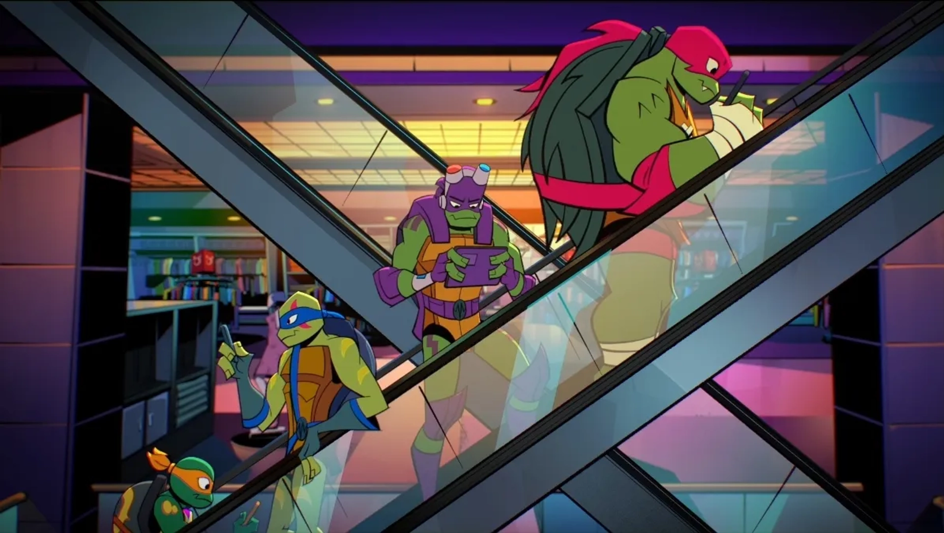 Omar Benson Miller, Brandon Mychal Smith, Ben Schwartz, and Josh Brener in Rise of the Teenage Mutant Ninja Turtles (2018)