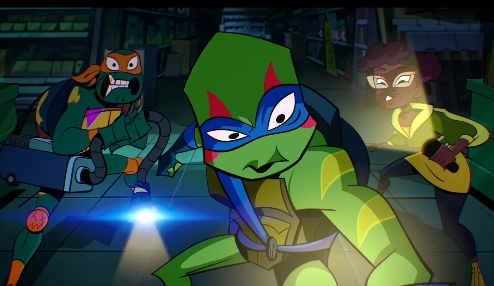 Kat Graham, Brandon Mychal Smith, and Ben Schwartz in Rise of the Teenage Mutant Ninja Turtles (2018)