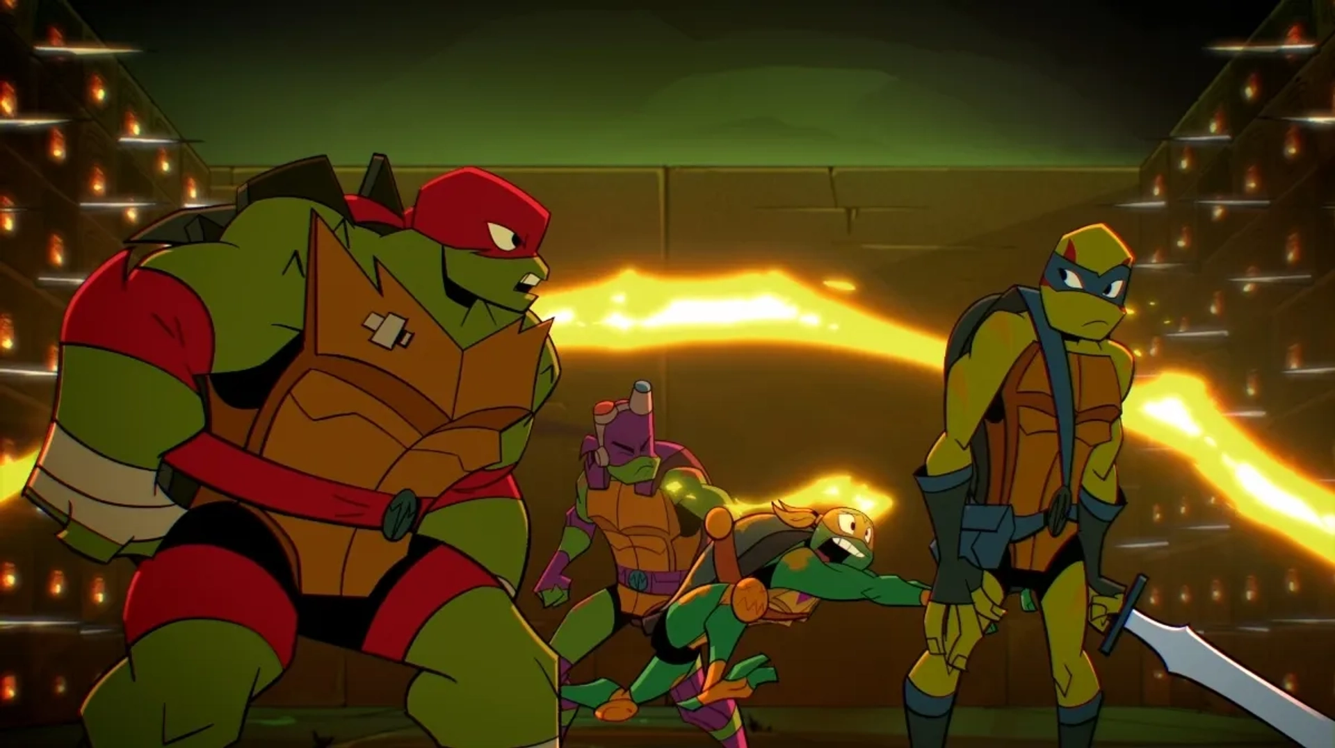 Omar Benson Miller, Brandon Mychal Smith, Ben Schwartz, and Josh Brener in Rise of the Teenage Mutant Ninja Turtles (2018)