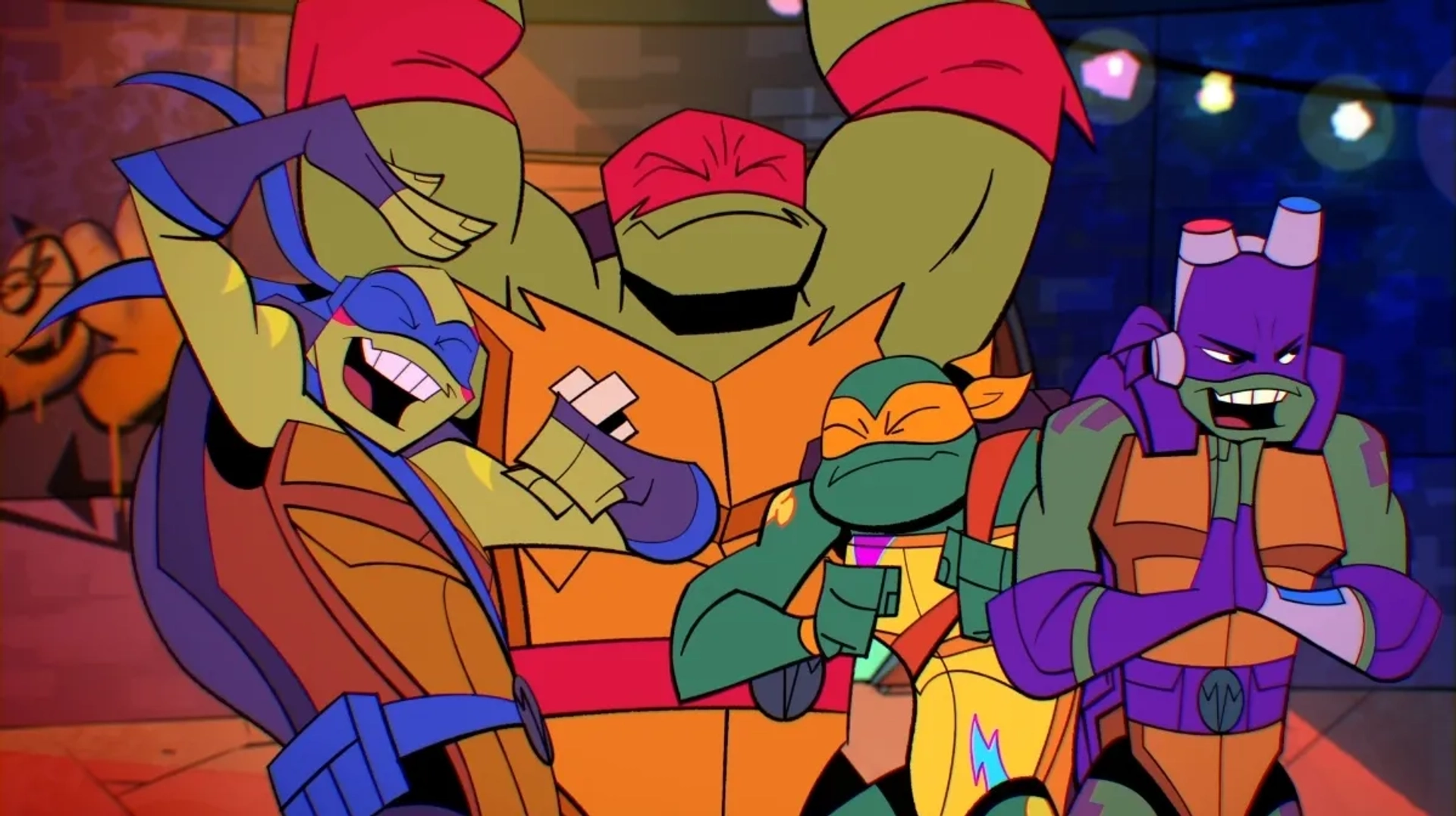 Omar Benson Miller, Brandon Mychal Smith, Ben Schwartz, and Josh Brener in Rise of the Teenage Mutant Ninja Turtles (2018)