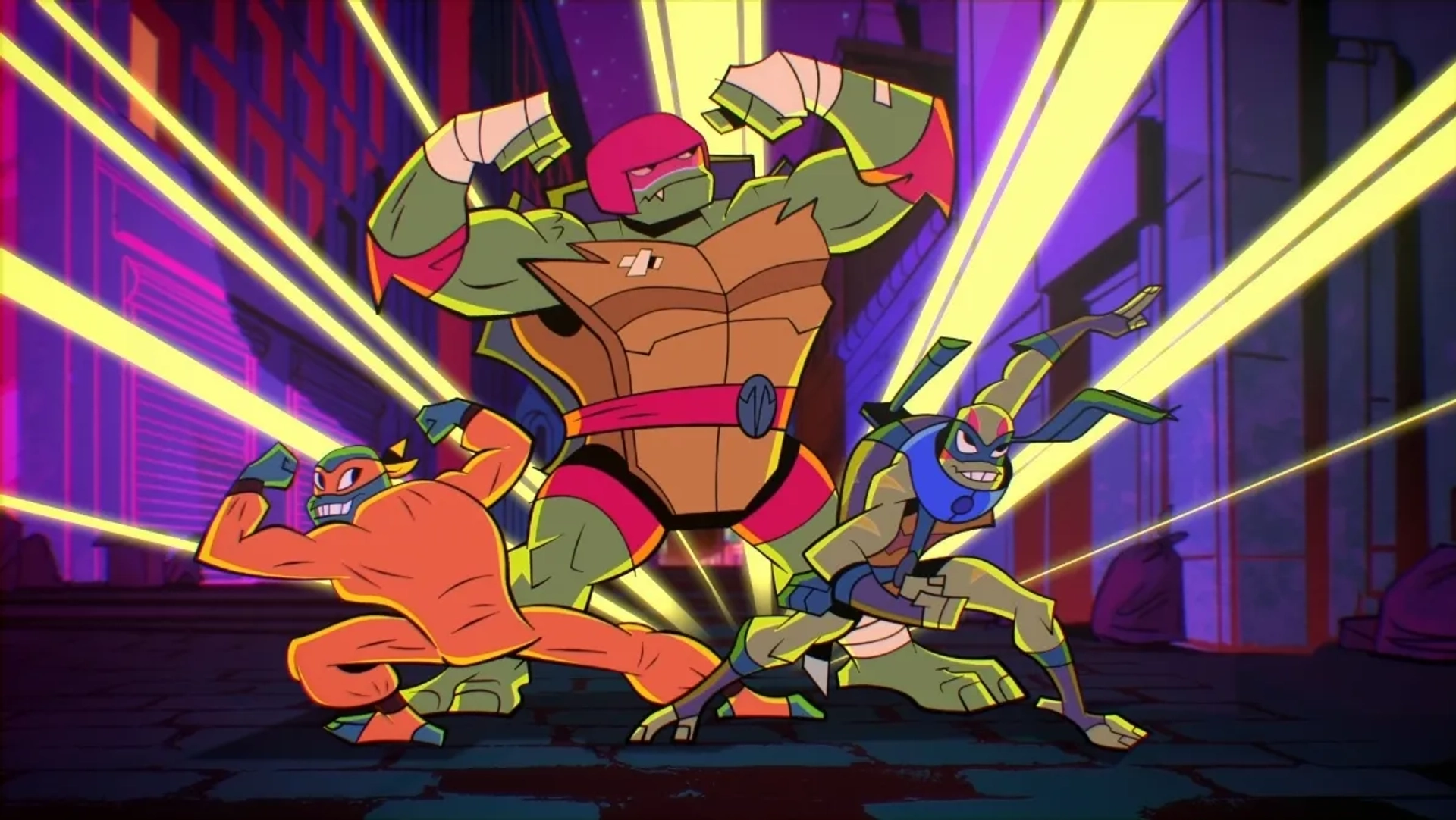 Omar Benson Miller, Brandon Mychal Smith, and Ben Schwartz in Rise of the Teenage Mutant Ninja Turtles (2018)