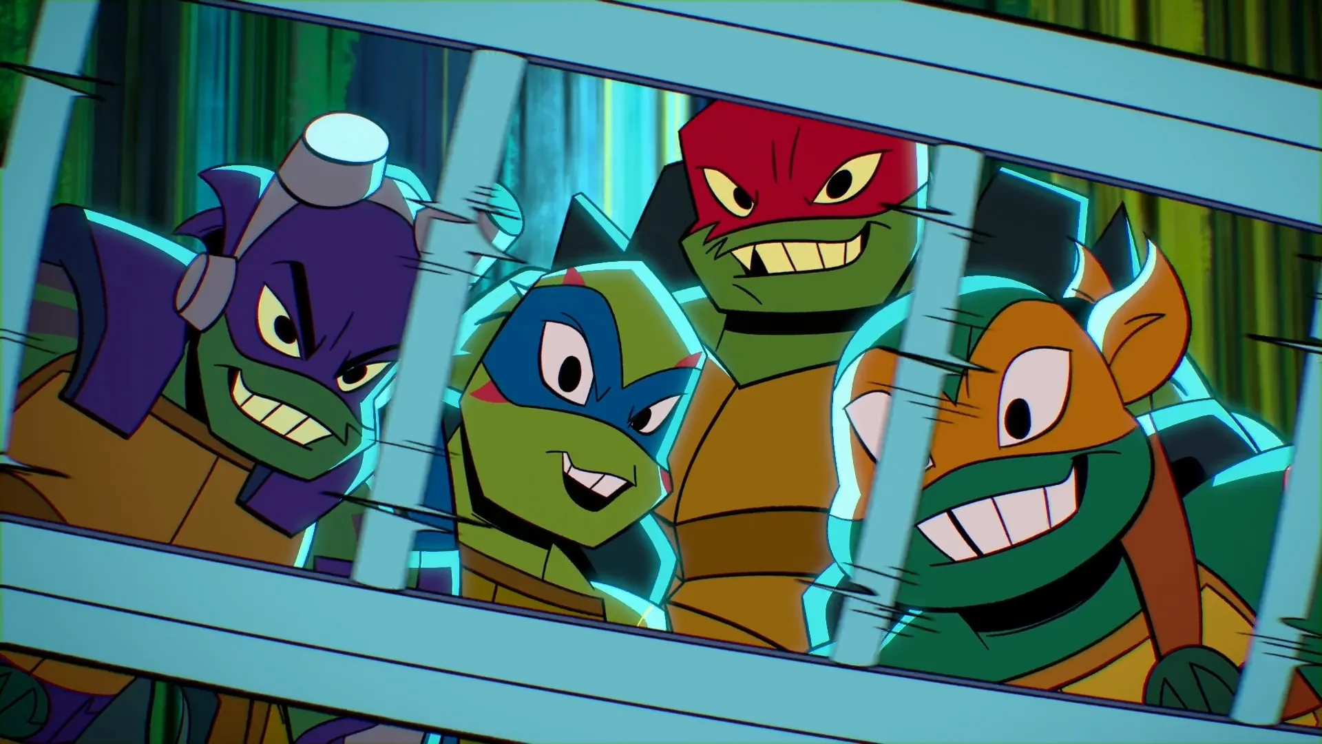 Omar Benson Miller, Brandon Mychal Smith, Ben Schwartz, and Josh Brener in Rise of the Teenage Mutant Ninja Turtles (2018)