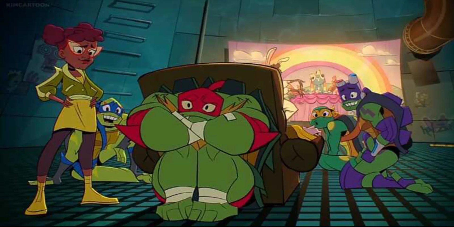 Kat Graham, Omar Benson Miller, Brandon Mychal Smith, Ben Schwartz, and Josh Brener in Rise of the Teenage Mutant Ninja Turtles (2018)