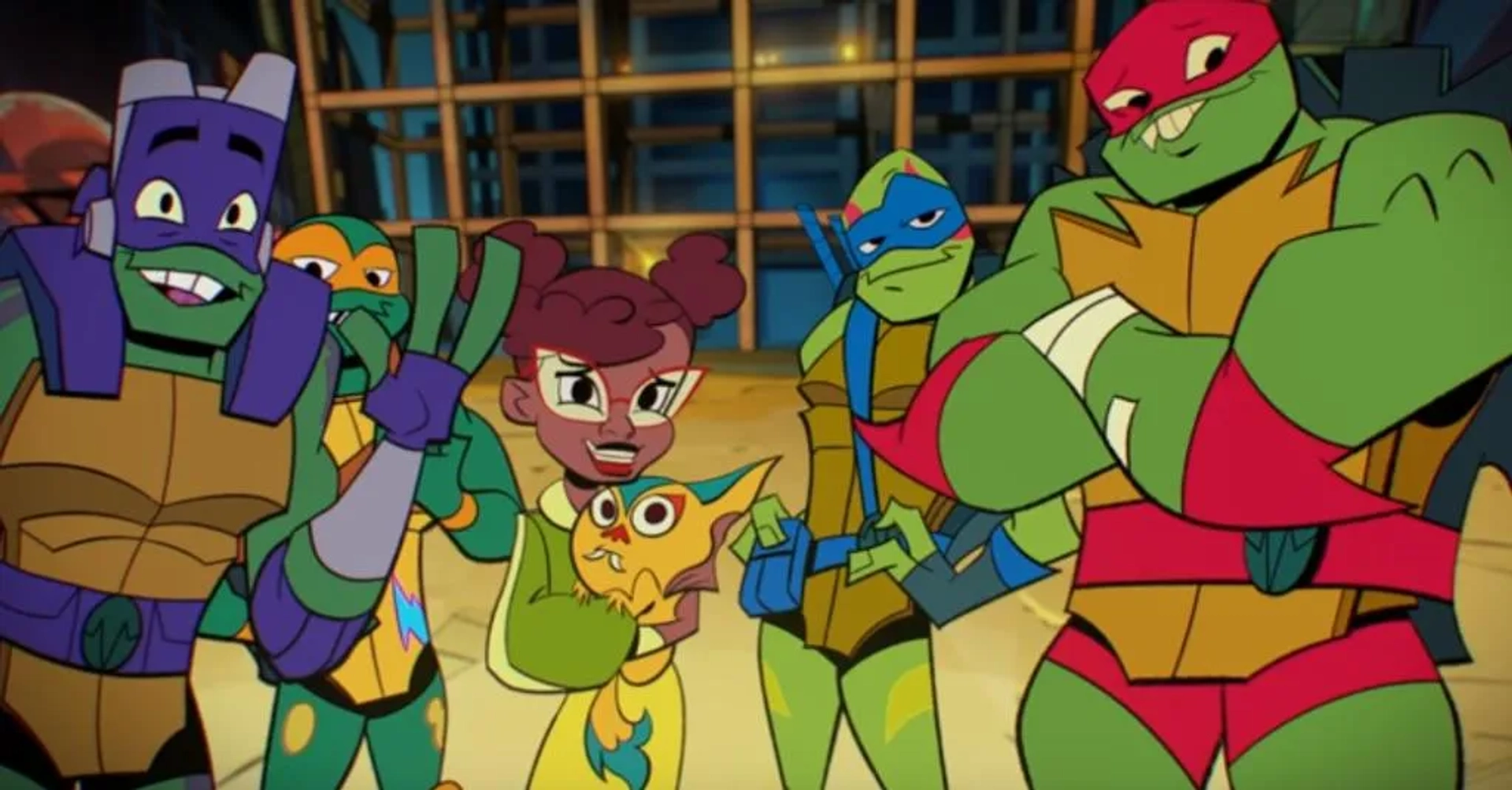 Kat Graham, Omar Benson Miller, Brandon Mychal Smith, Ben Schwartz, and Josh Brener in Rise of the Teenage Mutant Ninja Turtles (2018)