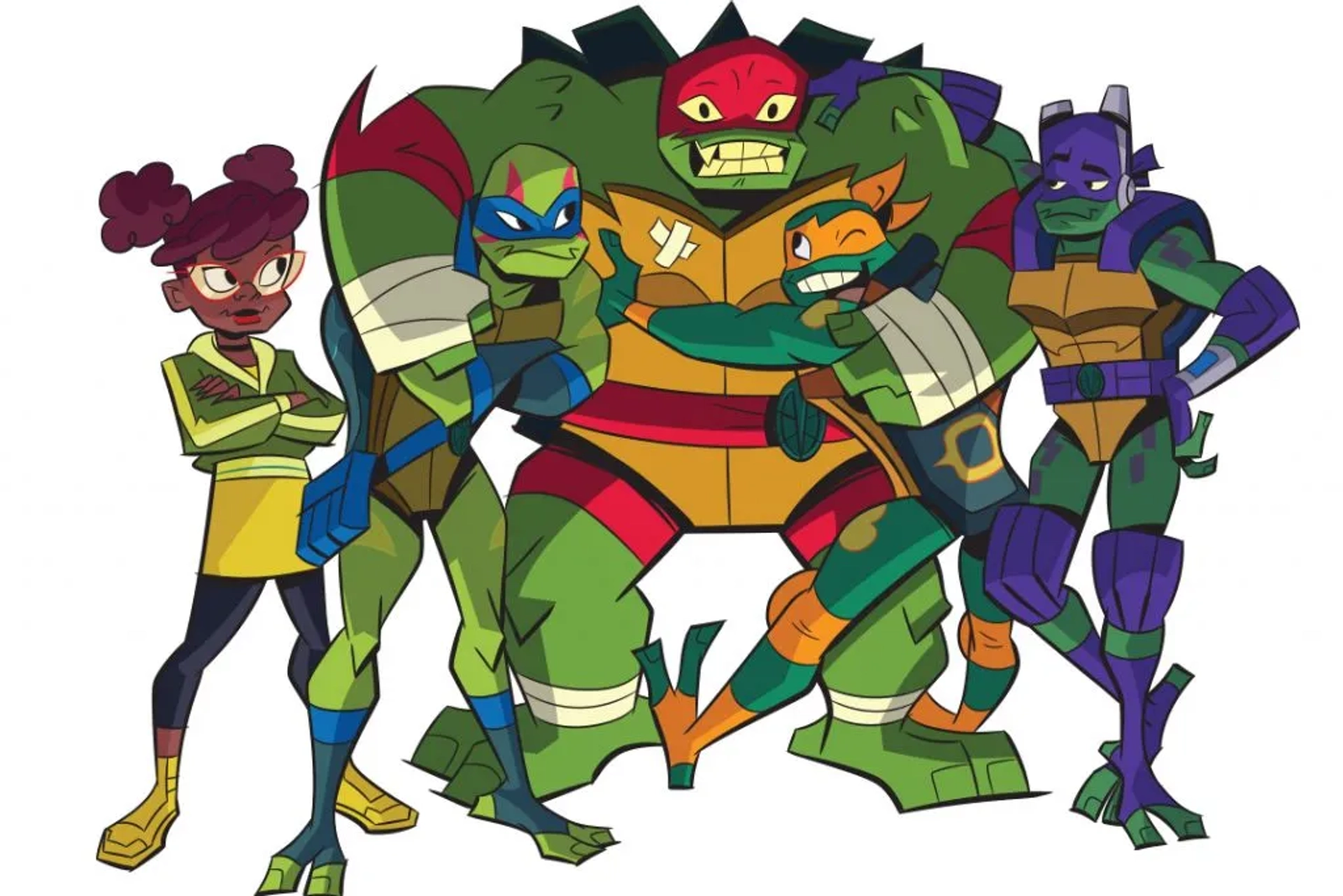 Kat Graham, Omar Benson Miller, Brandon Mychal Smith, Ben Schwartz, and Josh Brener in Rise of the Teenage Mutant Ninja Turtles (2018)