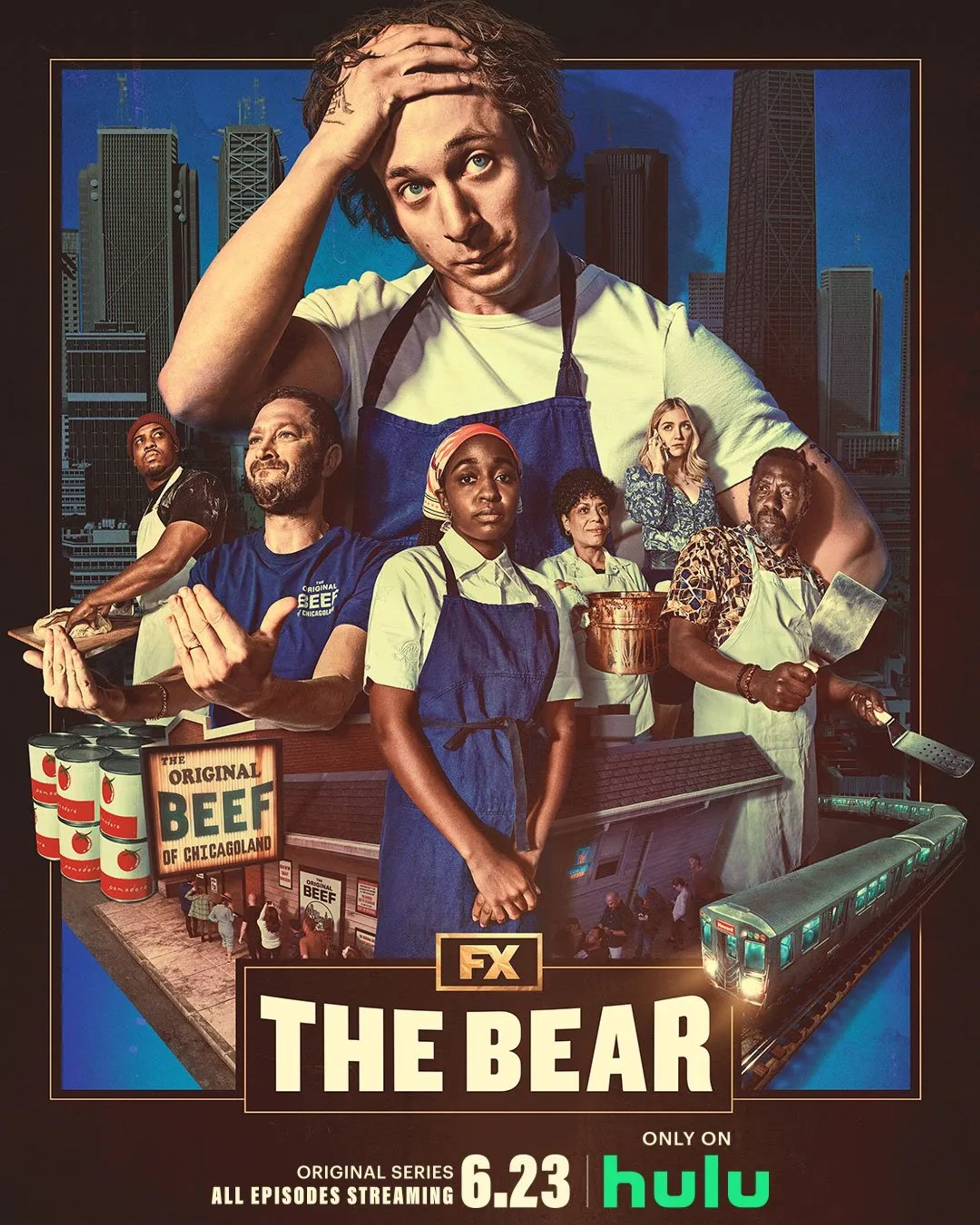 Ebon Moss-Bachrach, Liza Colón-Zayas, Jeremy Allen White, Abby Elliott, Edwin Lee Gibson, Lionel Boyce, and Ayo Edebiri in The Bear (2022)