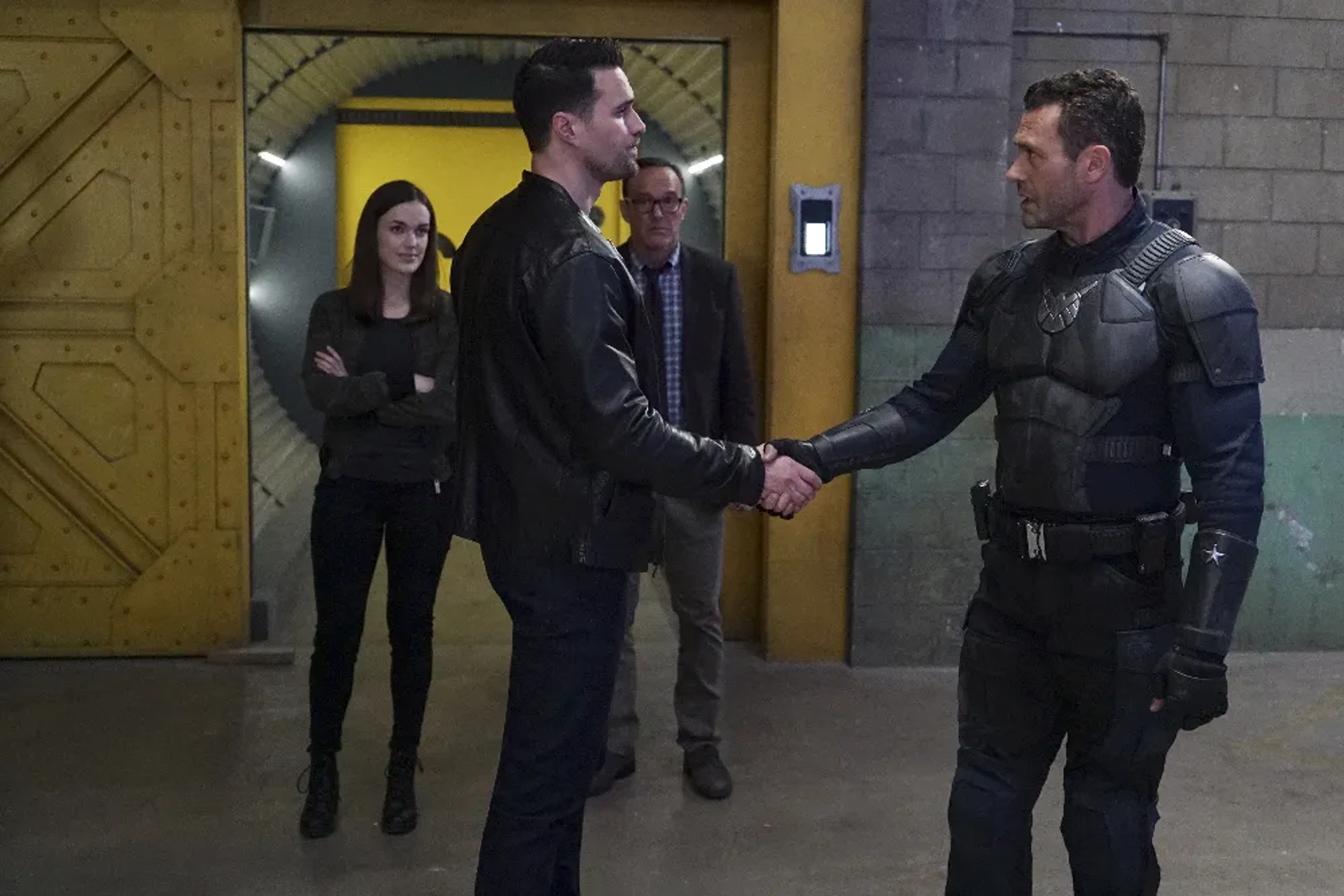 Clark Gregg, Jason O'Mara, Brett Dalton, and Elizabeth Henstridge in Agents of S.H.I.E.L.D. (2013)