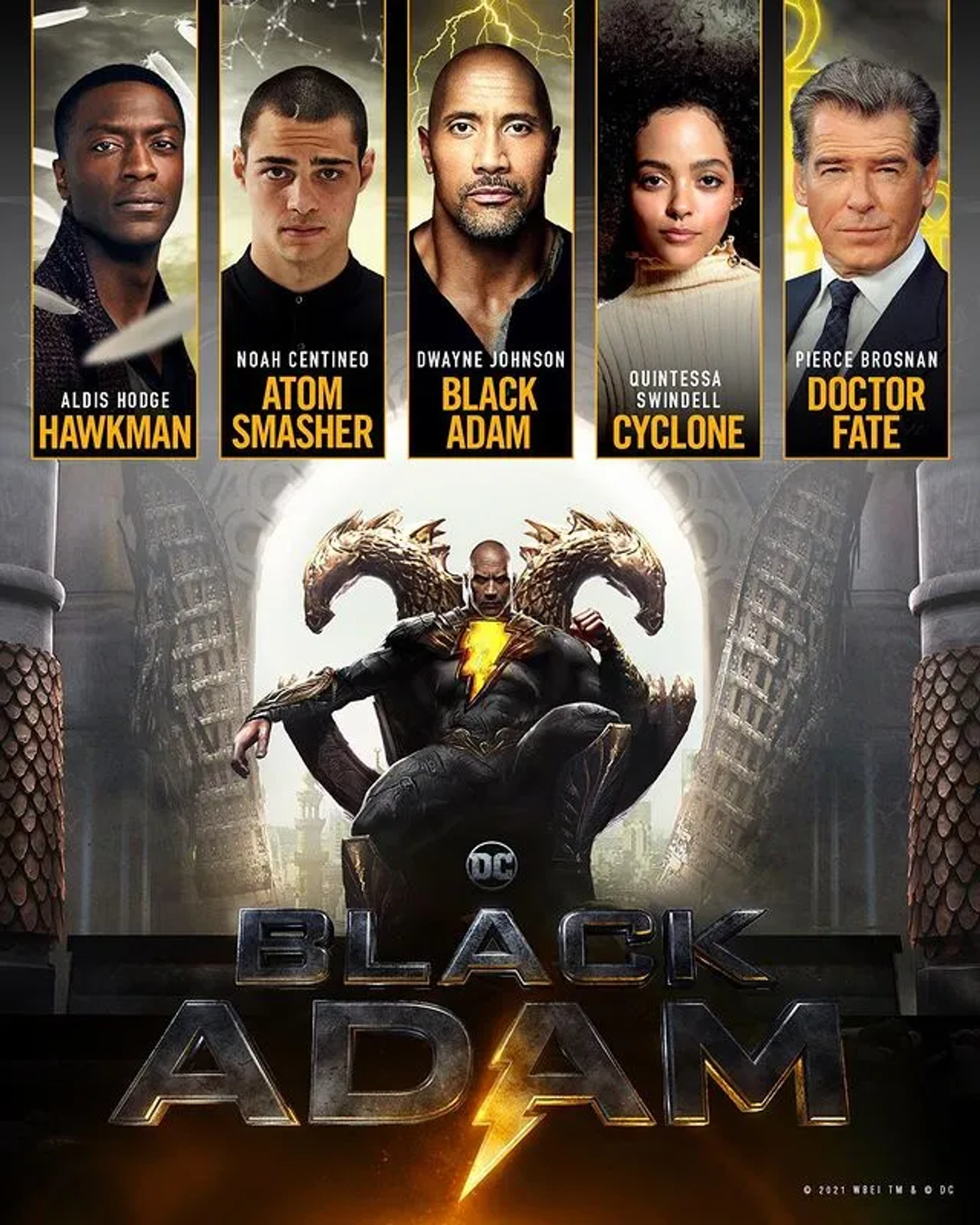 Pierce Brosnan, Aldis Hodge, Dwayne Johnson, Noah Centineo, and Quintessa Swindell in Black Adam (2022)