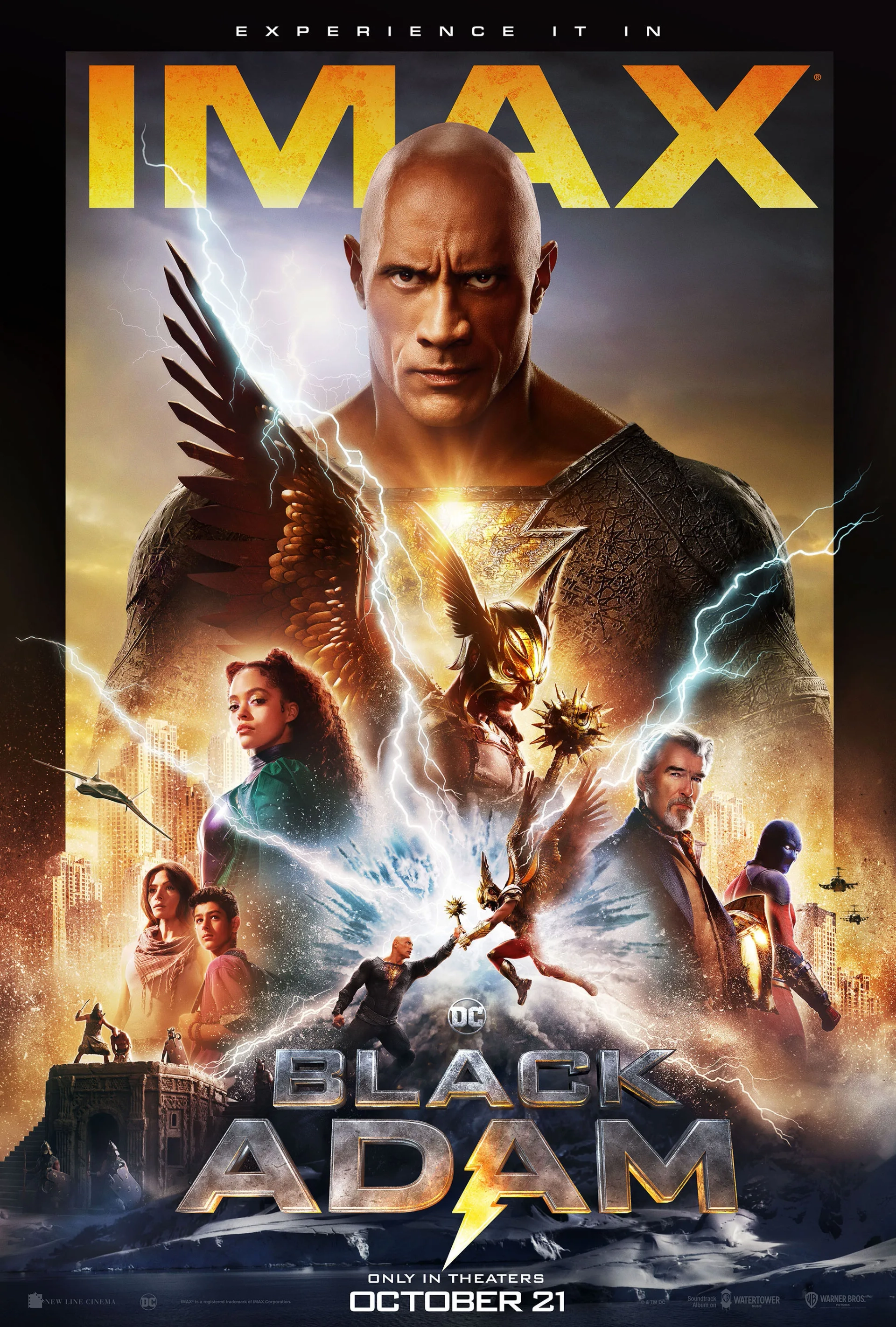 Pierce Brosnan, Aldis Hodge, Dwayne Johnson, Sarah Shahi, Noah Centineo, Bodhi Sabongui, and Quintessa Swindell in Black Adam (2022)